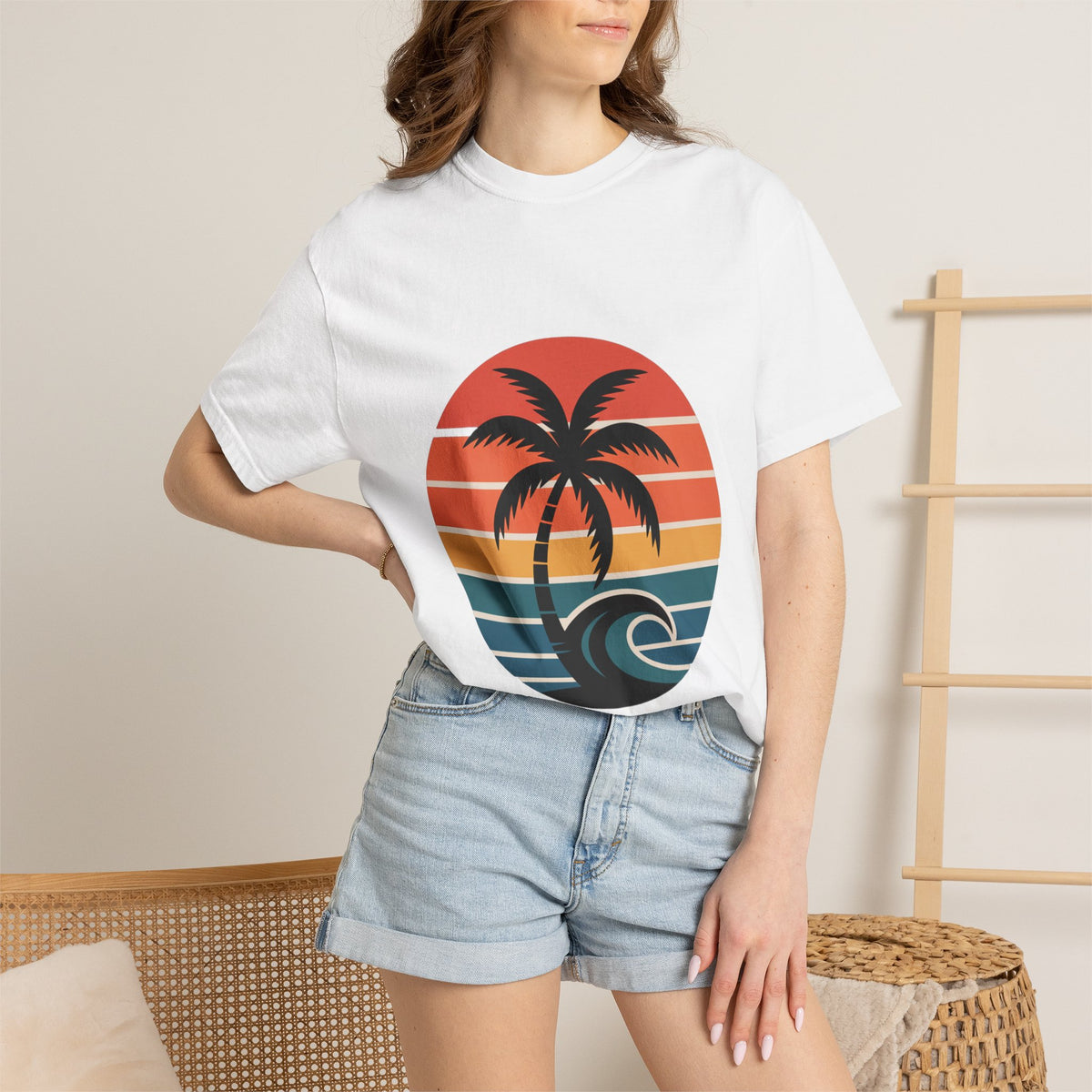 Salt Air Messy Hair Beach Shirt, Retro Sunset Badge T-Shirt, Vintage Palm Tree Wave Tee, Summer Vacation Gift