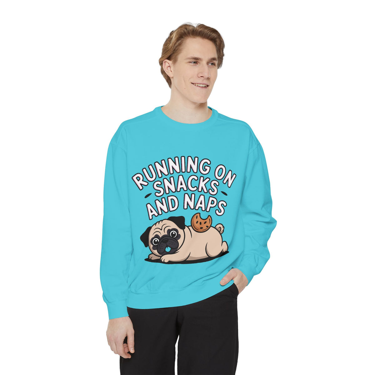 Pug Sweatshirt, Funny Running On Snacks And Naps Crewneck, Cute Pug Lover Gift, Embroidered Patch Style Dog Sweater