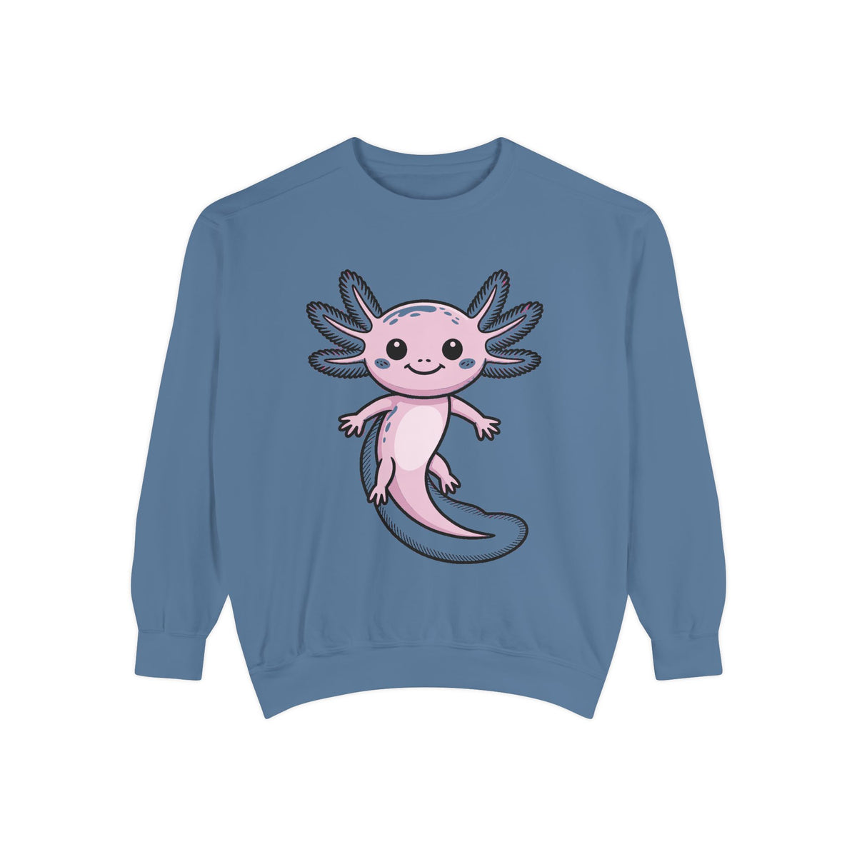 Cute Axolotl Sweatshirt, Smiling Axolotl Embroidered Crewneck, Kawaii Animal Lover Gift, Garment Dyed Pullover