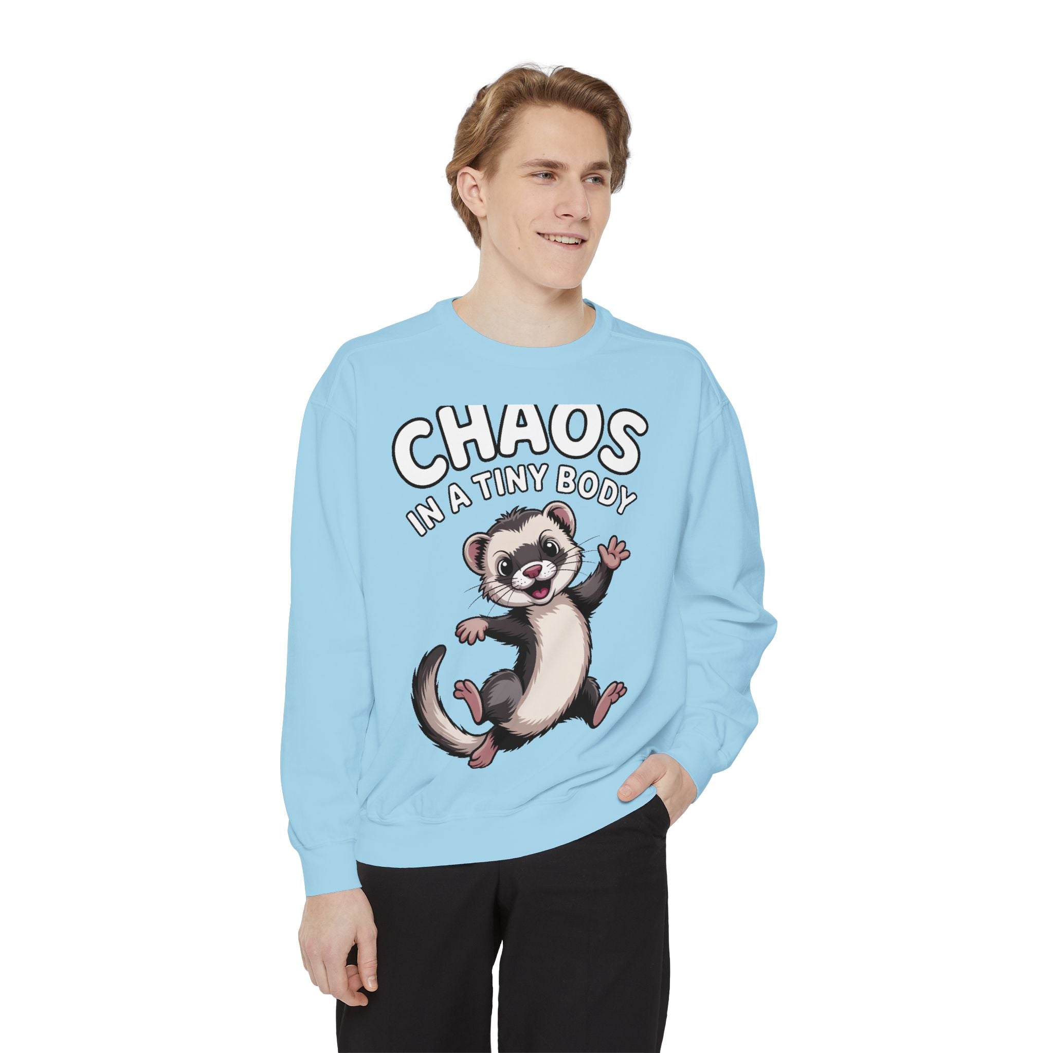 Funny Ferret Sweatshirt, Chaos In A Tiny Body Crewneck, Cute Ferret Lover Gift, Embroidered Style Ferret Sweatshirt For Pet Owners