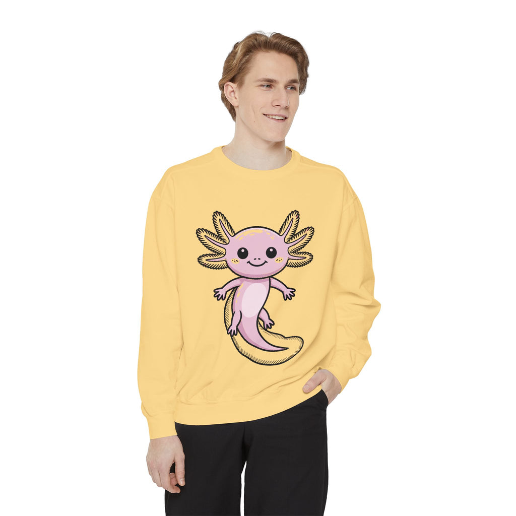 Cute Axolotl Sweatshirt, Smiling Axolotl Embroidered Crewneck, Kawaii Animal Lover Gift, Garment Dyed Pullover