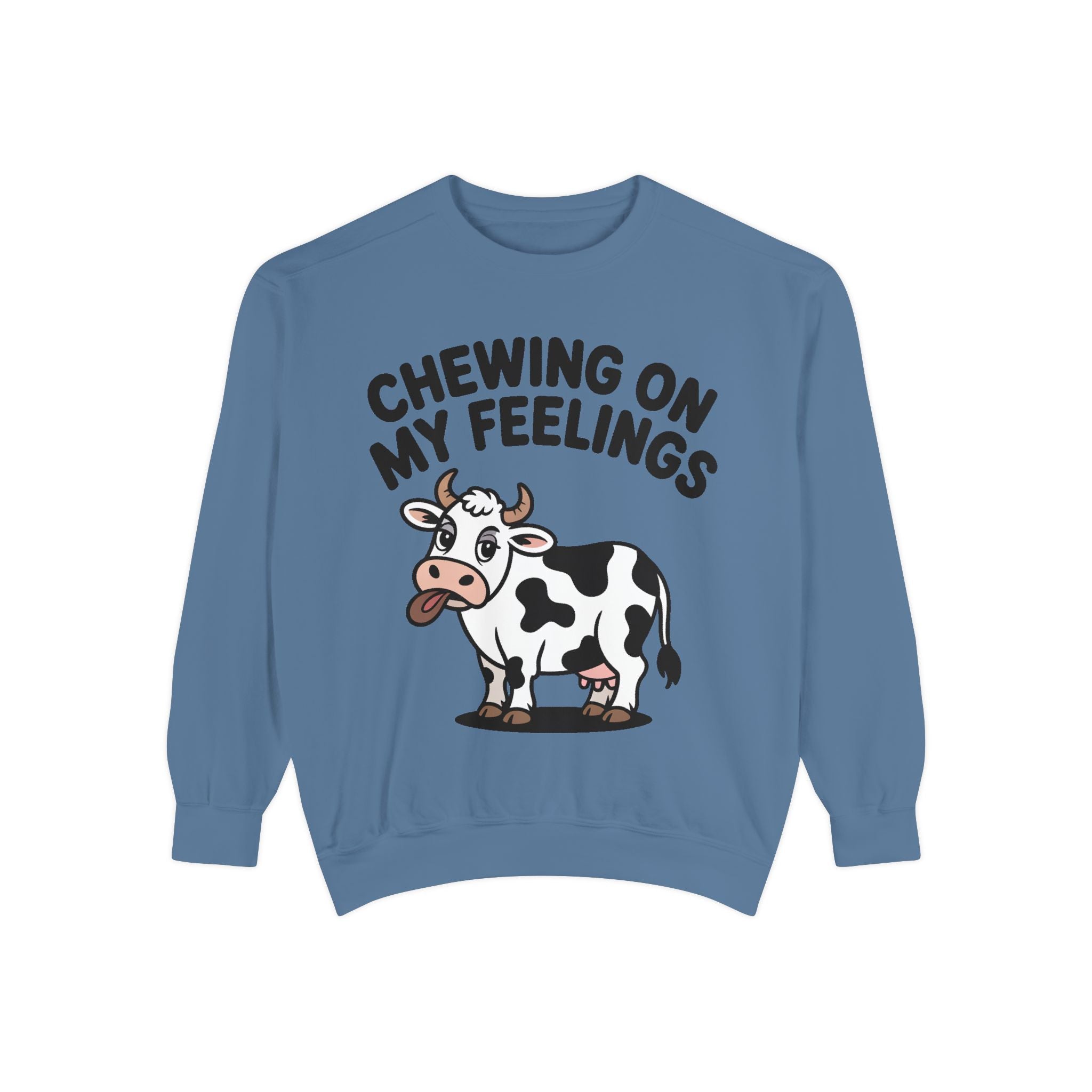 Chewing On My Feelings Sweatshirt, Funny Cow Crewneck, Cute Cow Lover Gift, Embroidered Style Cow Sweatshirt, Funny Farm Animal Shirt