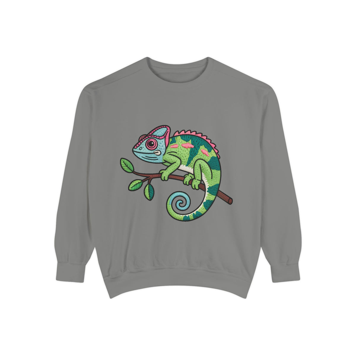 Chameleon Sweatshirt, Cute Embroidered Patch Style Crewneck, Reptile Lover Gift, Garment Dyed Sweatshirt for Nature Lovers