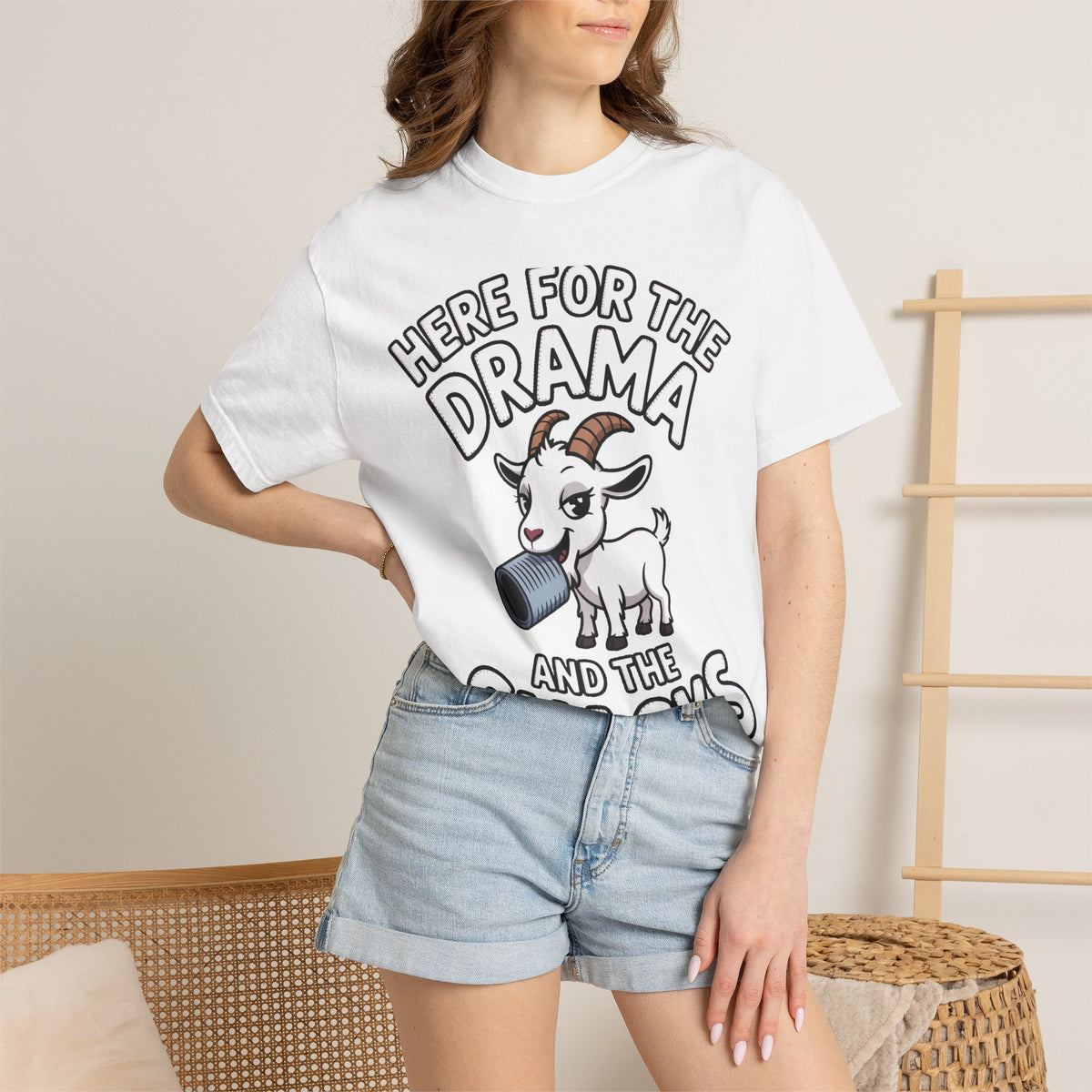 Funny Goat Shirt, Here For The Drama And The Snacks T-Shirt, Cute Goat Lover Gift, Sarcastic Farm Animal Tee
