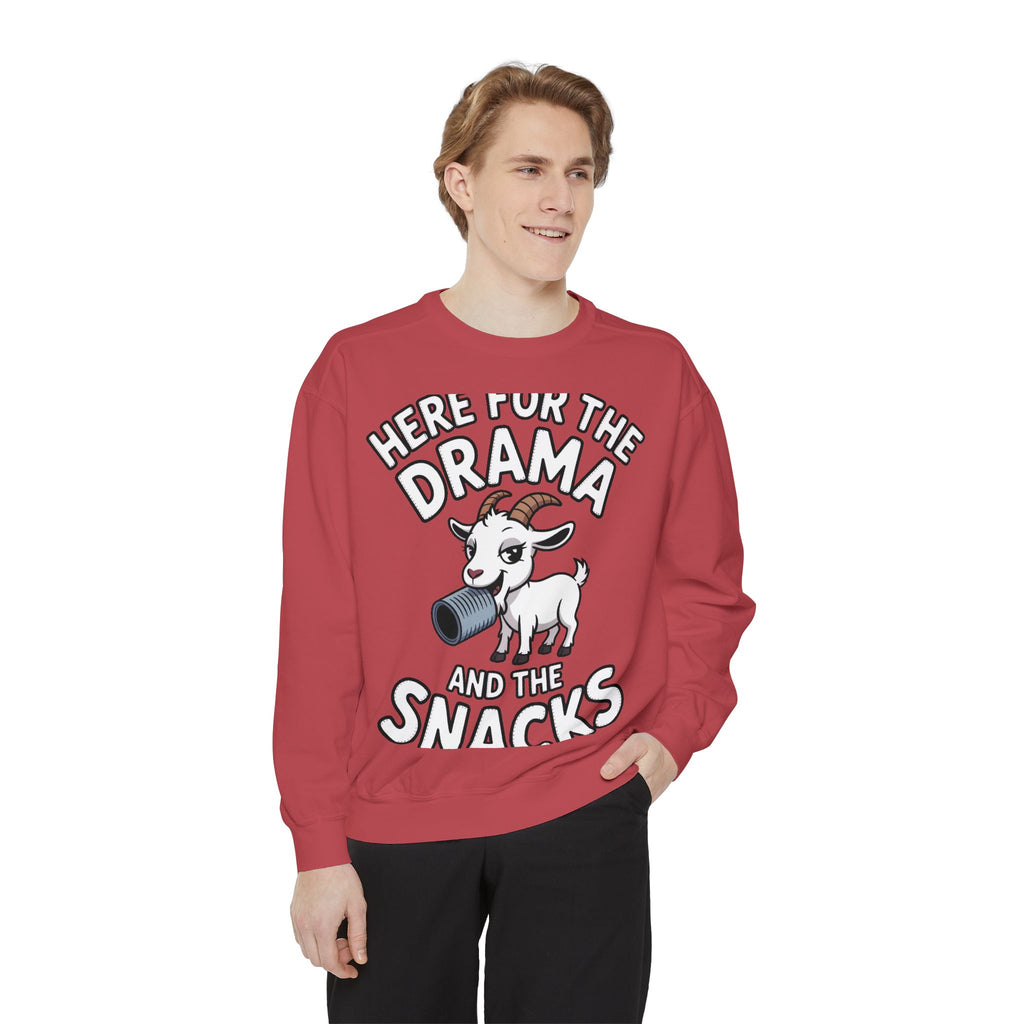 Funny Goat Sweatshirt, Here For The Drama And The Snacks Crewneck, Cute Goat Lover Gift, Embroidered Patch Style Sweatshirt