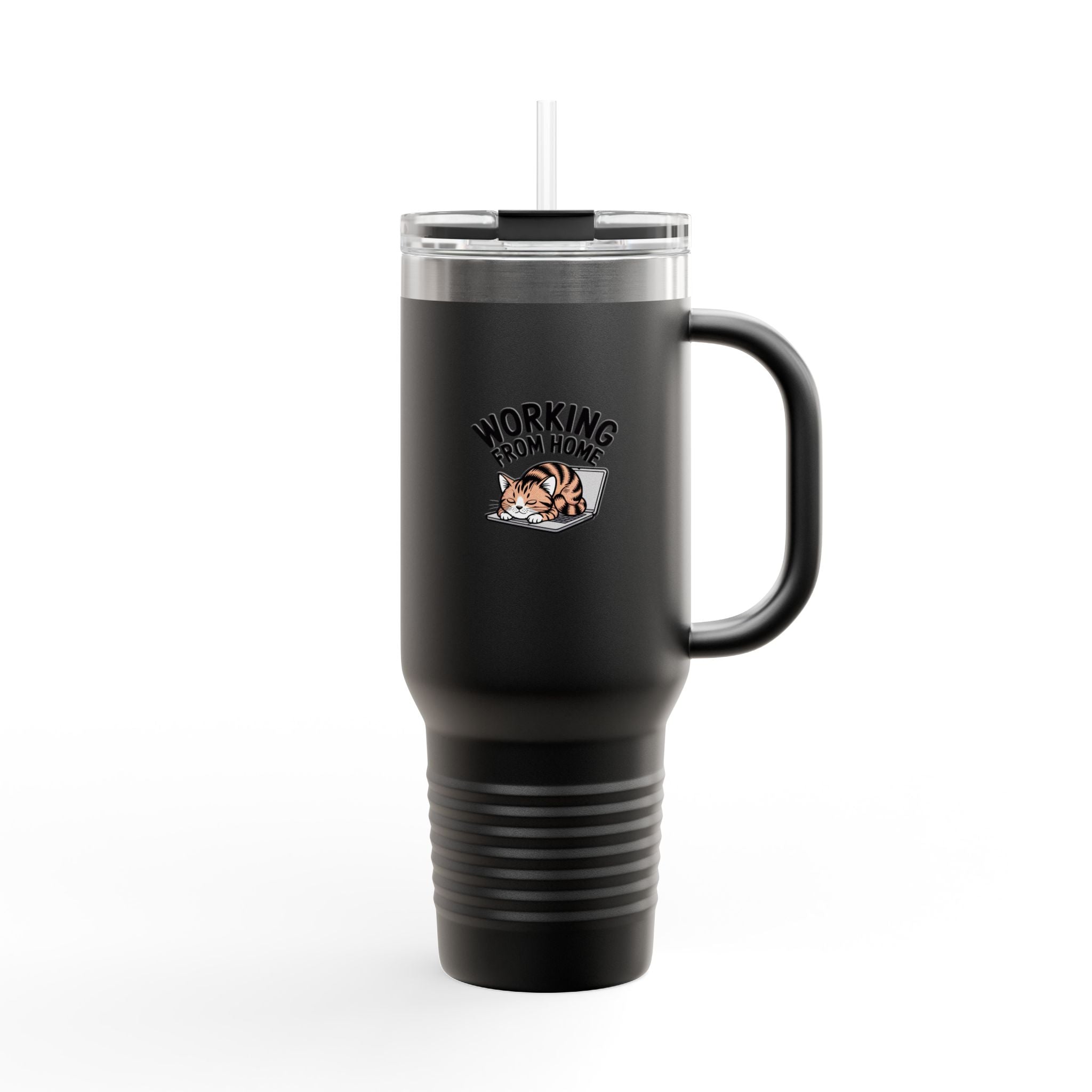 Working From Home Cat Travel Mug, Funny Cat Lover Tumbler, Cute Cat on Laptop 40oz Cup, WFH Gift for Coworker, Remote Work Mug