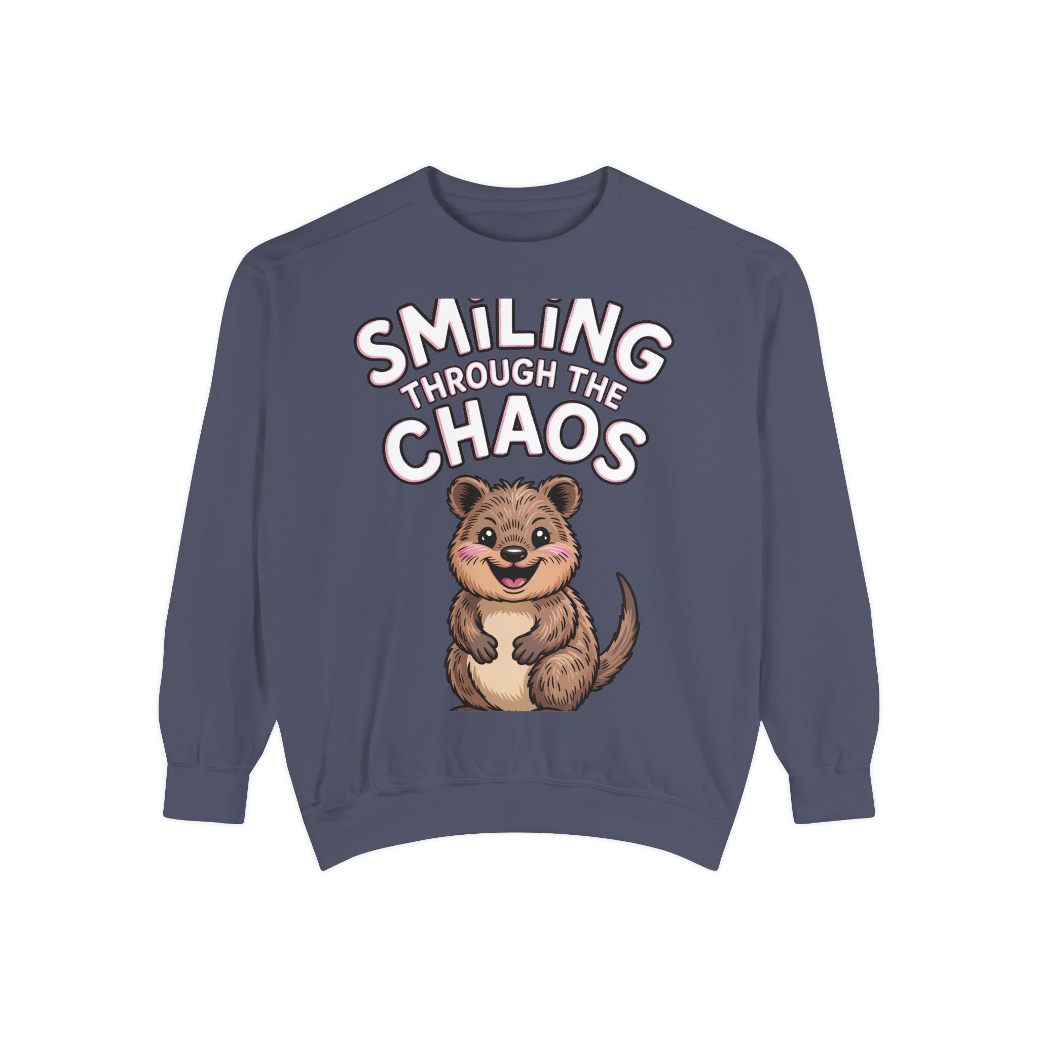 Smiling Through The Chaos Quokka Sweatshirt, Cute Embroidered-Look Crewneck, Funny Quokka Lover Gift, Positive Vibes Pullover
