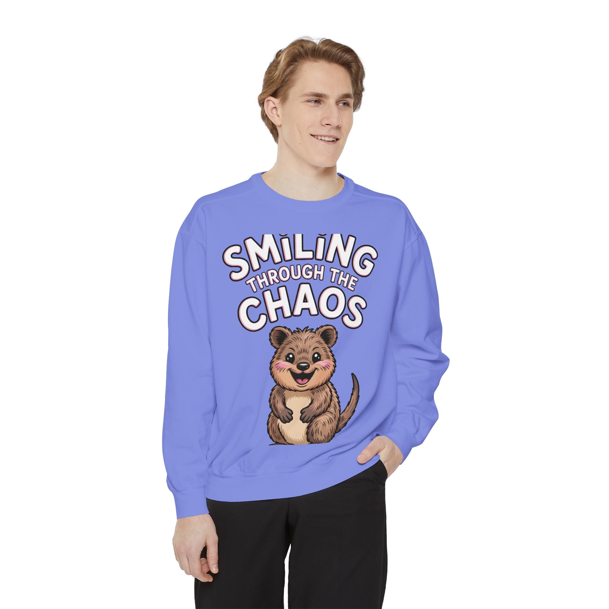 Smiling Through The Chaos Quokka Sweatshirt, Cute Embroidered-Look Crewneck, Funny Quokka Lover Gift, Positive Vibes Pullover