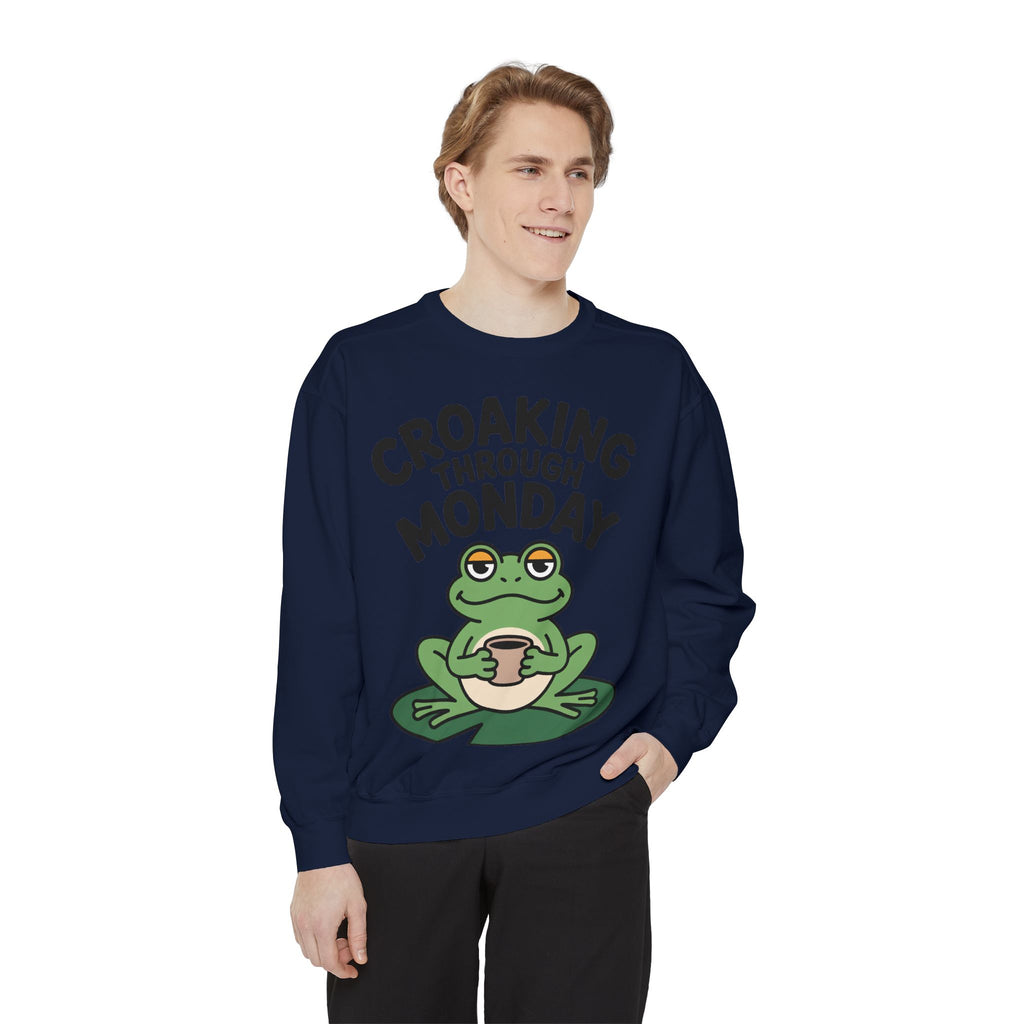 Croaking Through Monday Sweatshirt, Funny Tired Frog Crewneck, Cute Coffee Frog Sweatshirt, Frog Lover Gift