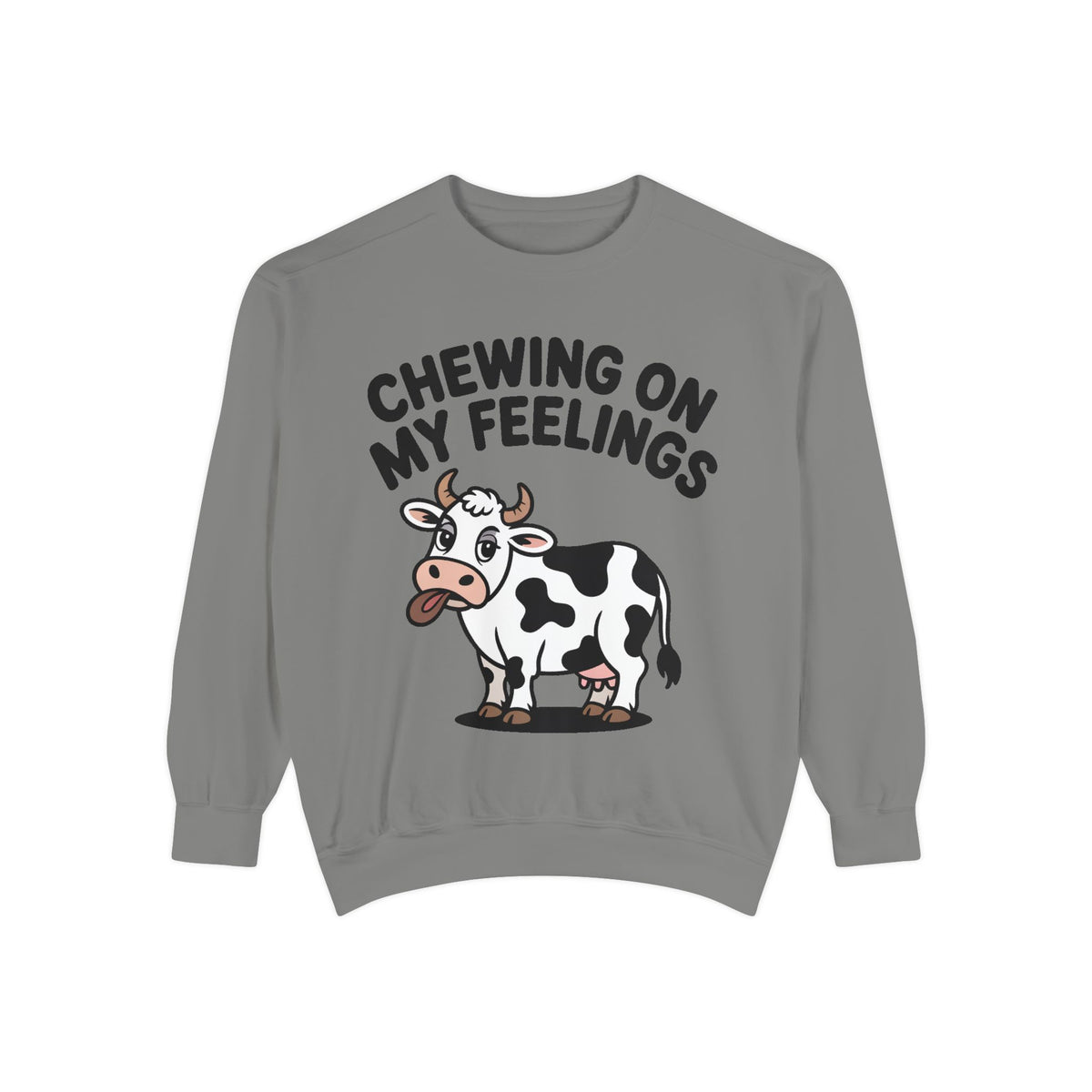 Chewing On My Feelings Sweatshirt, Funny Cow Crewneck, Cute Cow Lover Gift, Embroidered Style Cow Sweatshirt, Funny Farm Animal Shirt