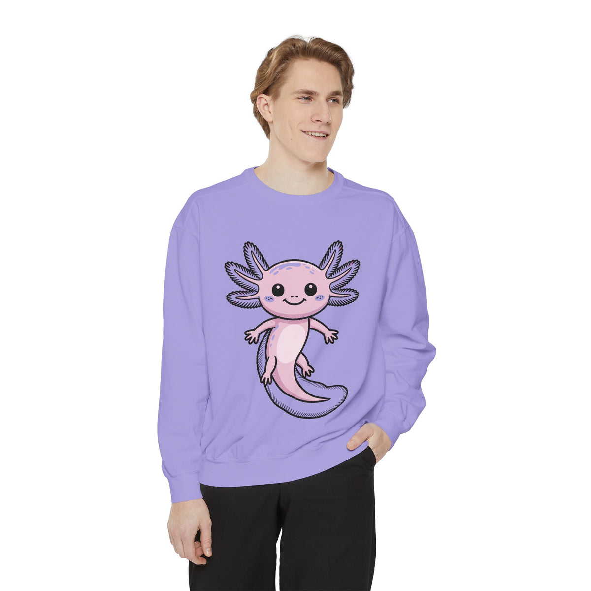 Cute Axolotl Sweatshirt, Smiling Axolotl Embroidered Crewneck, Kawaii Animal Lover Gift, Garment Dyed Pullover