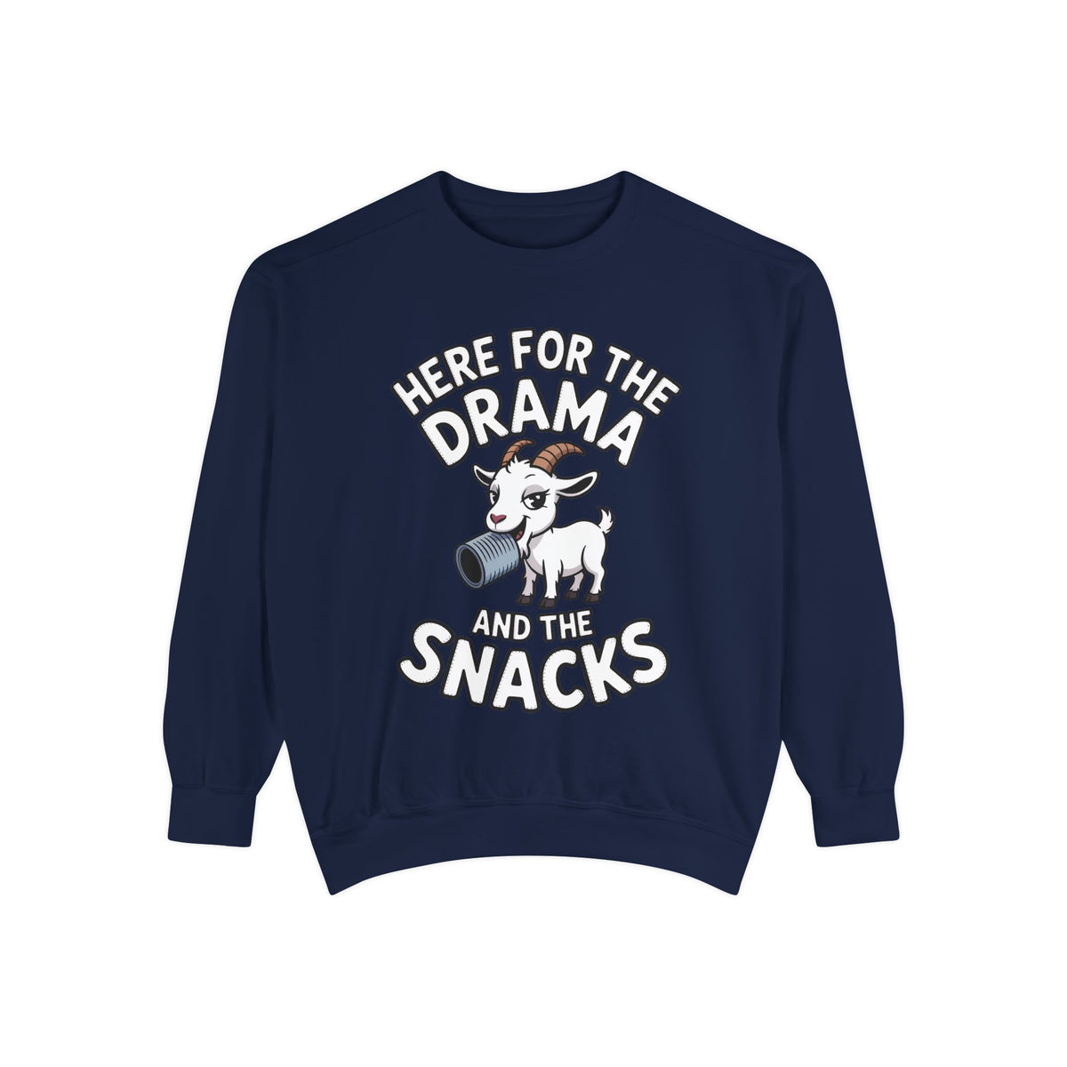 Funny Goat Sweatshirt, Here For The Drama And The Snacks Crewneck, Cute Goat Lover Gift, Embroidered Patch Style Sweatshirt