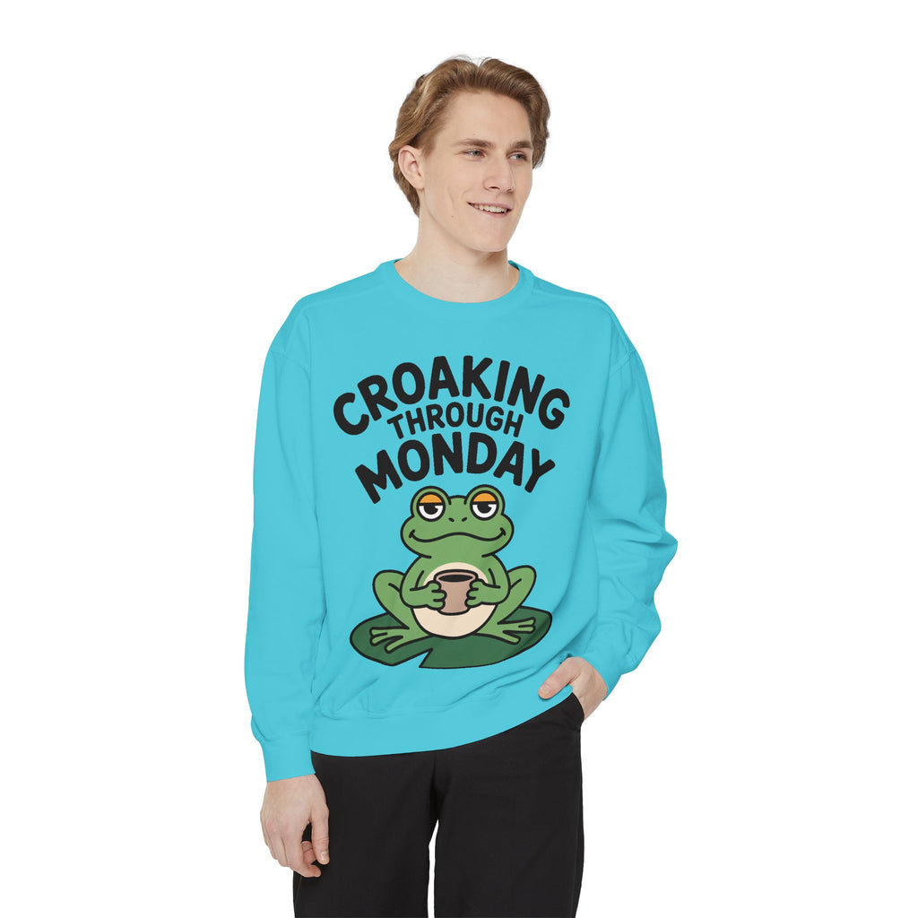 Croaking Through Monday Sweatshirt, Funny Tired Frog Crewneck, Cute Coffee Frog Sweatshirt, Frog Lover Gift