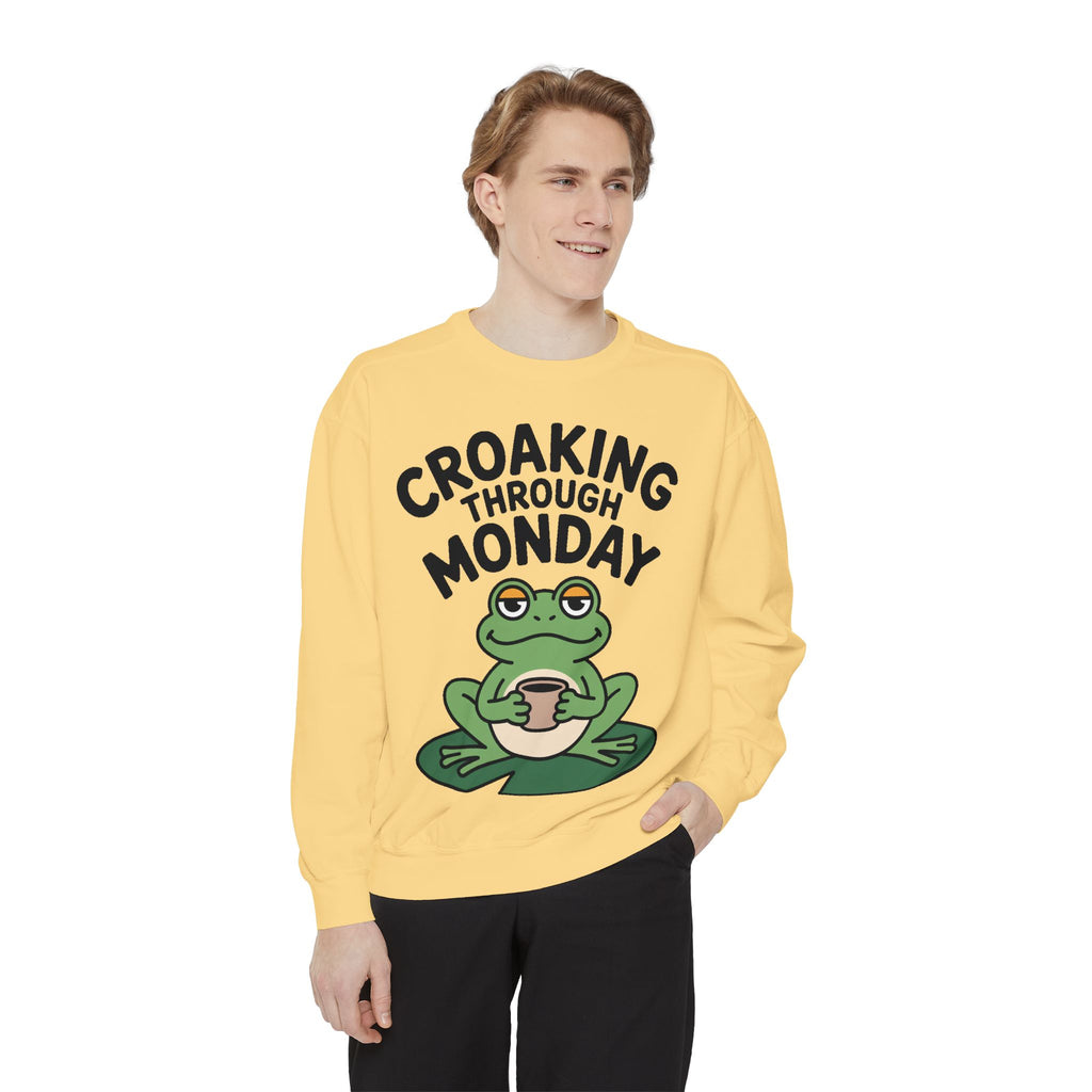 Croaking Through Monday Sweatshirt, Funny Tired Frog Crewneck, Cute Coffee Frog Sweatshirt, Frog Lover Gift