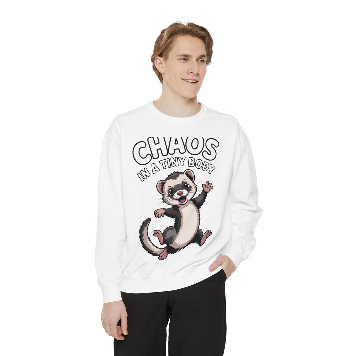 Funny Ferret Sweatshirt, Chaos In A Tiny Body Crewneck, Cute Ferret Lover Gift, Embroidered Style Ferret Sweatshirt For Pet Owners