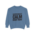 Suspiciously Calm Right Now Sweatshirt, Funny Sarcastic Crewneck, Bold Text Embroidered Patch Style Pullover, Sarcasm Gift