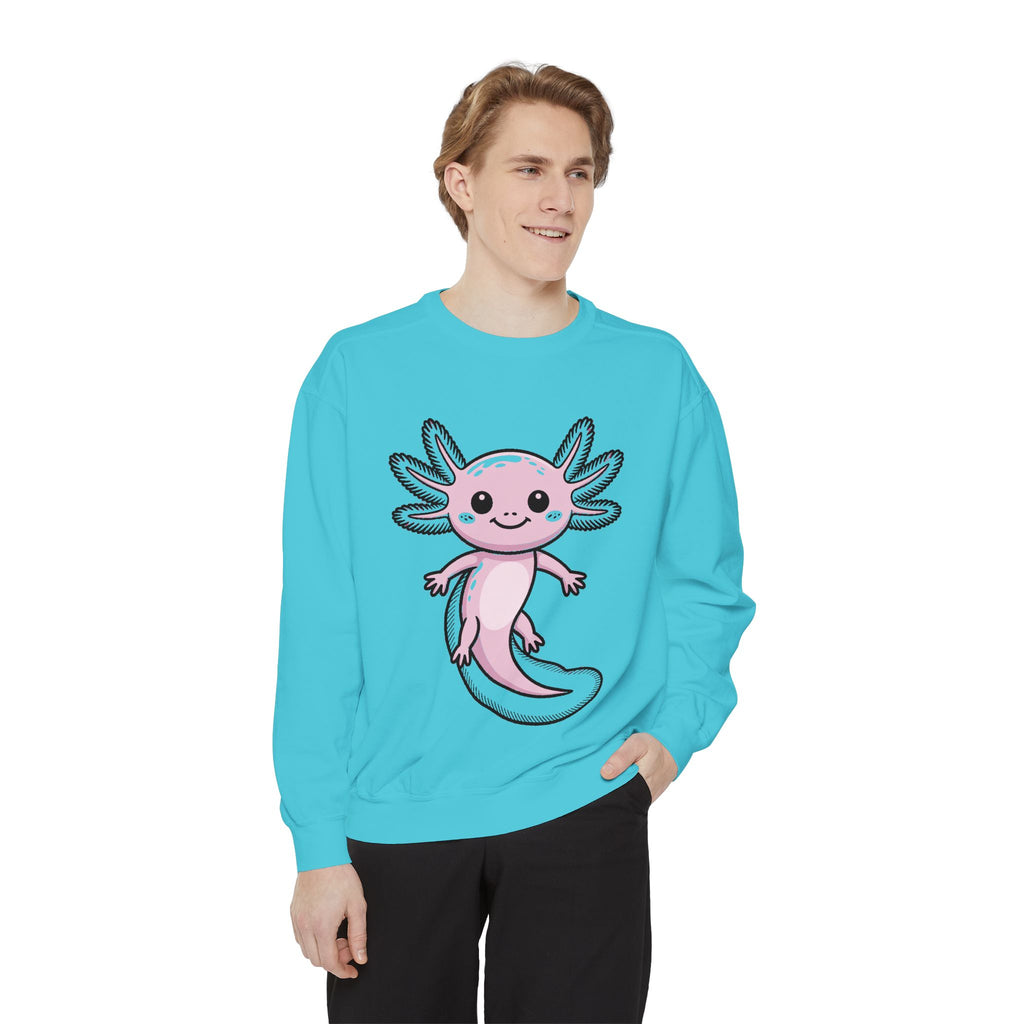 Cute Axolotl Sweatshirt, Smiling Axolotl Embroidered Crewneck, Kawaii Animal Lover Gift, Garment Dyed Pullover