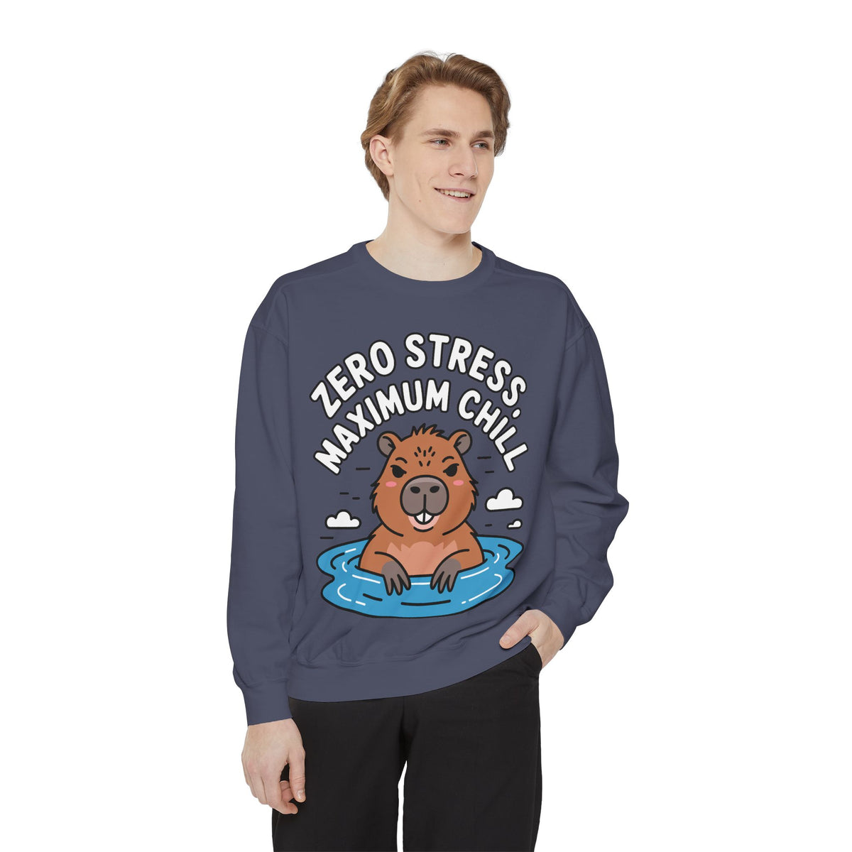Zero Stress Capybara Sweatshirt, Funny Hot Spring Capybara Crewneck, Cute Chill Animal Gift, Garment Dyed Embroidered Sweatshirt
