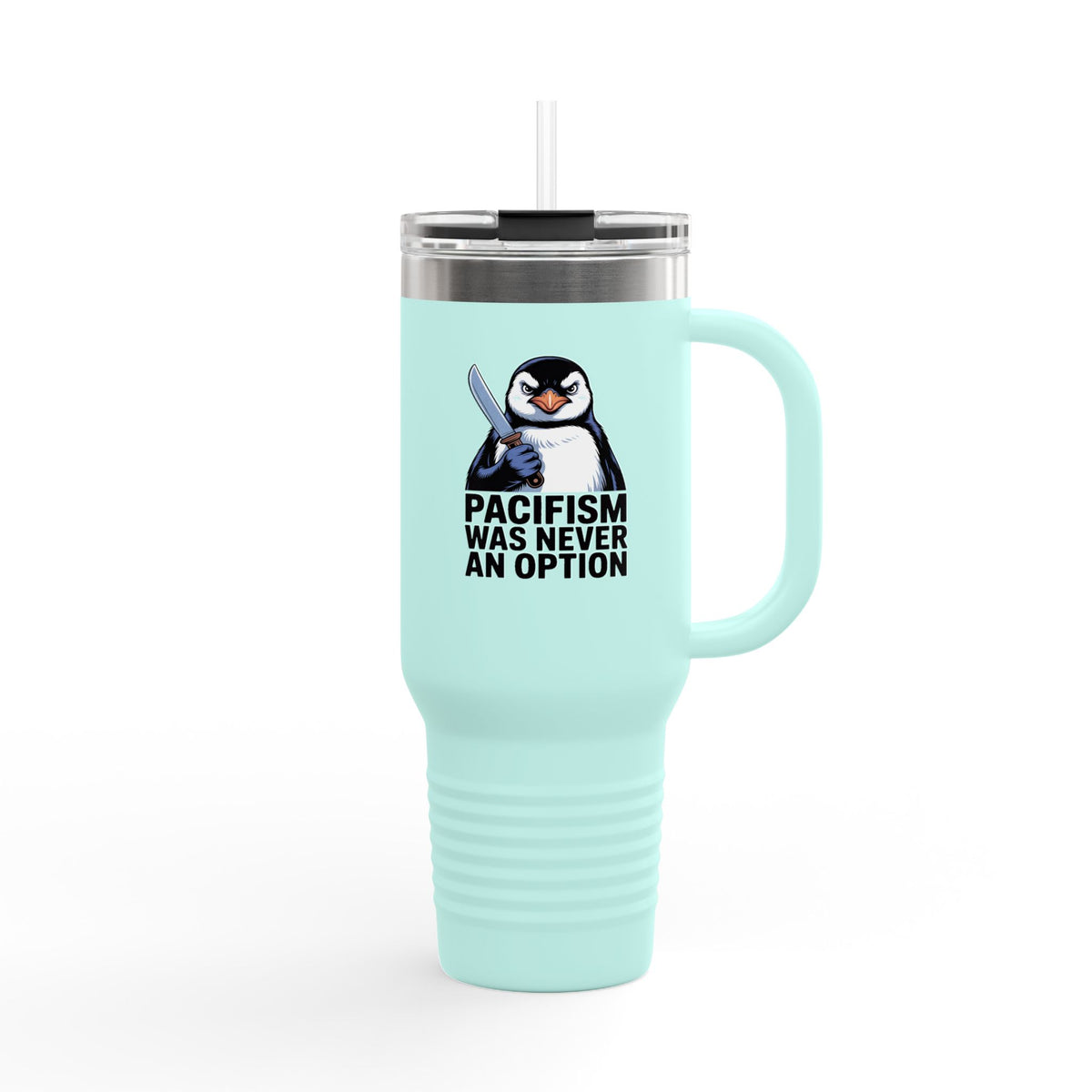 Funny Penguin Travel Mug 40oz, Pacifism Was Never An Option Tumbler, Sarcastic Bird Lover Gift, Vintage Poster Style Insulated Cup