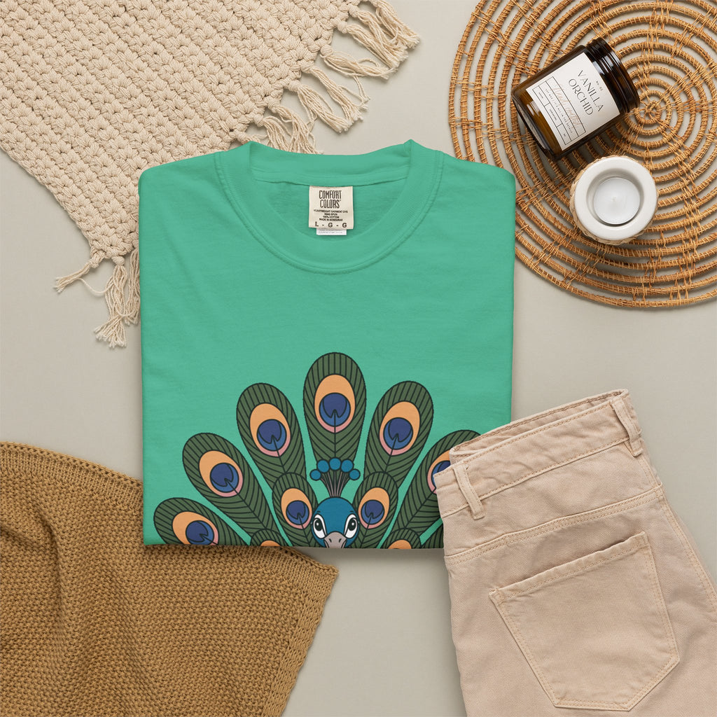 Cute Peacock T-Shirt, Fanned Feathers Bird Lover Gift Tee, Cartoon Peacock Graphic Shirt for Nature Lovers