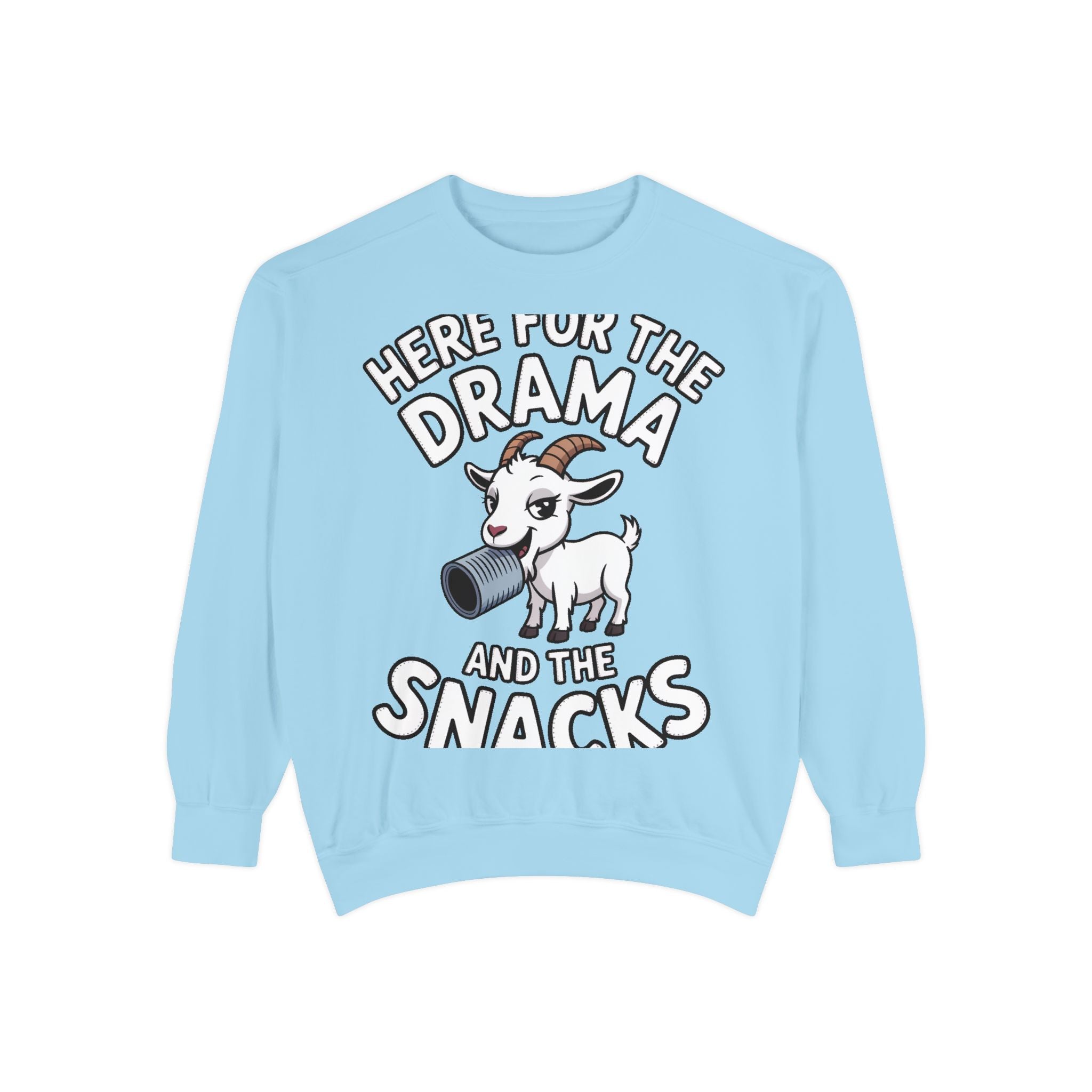 Funny Goat Sweatshirt, Here For The Drama And The Snacks Crewneck, Cute Goat Lover Gift, Embroidered Patch Style Sweatshirt