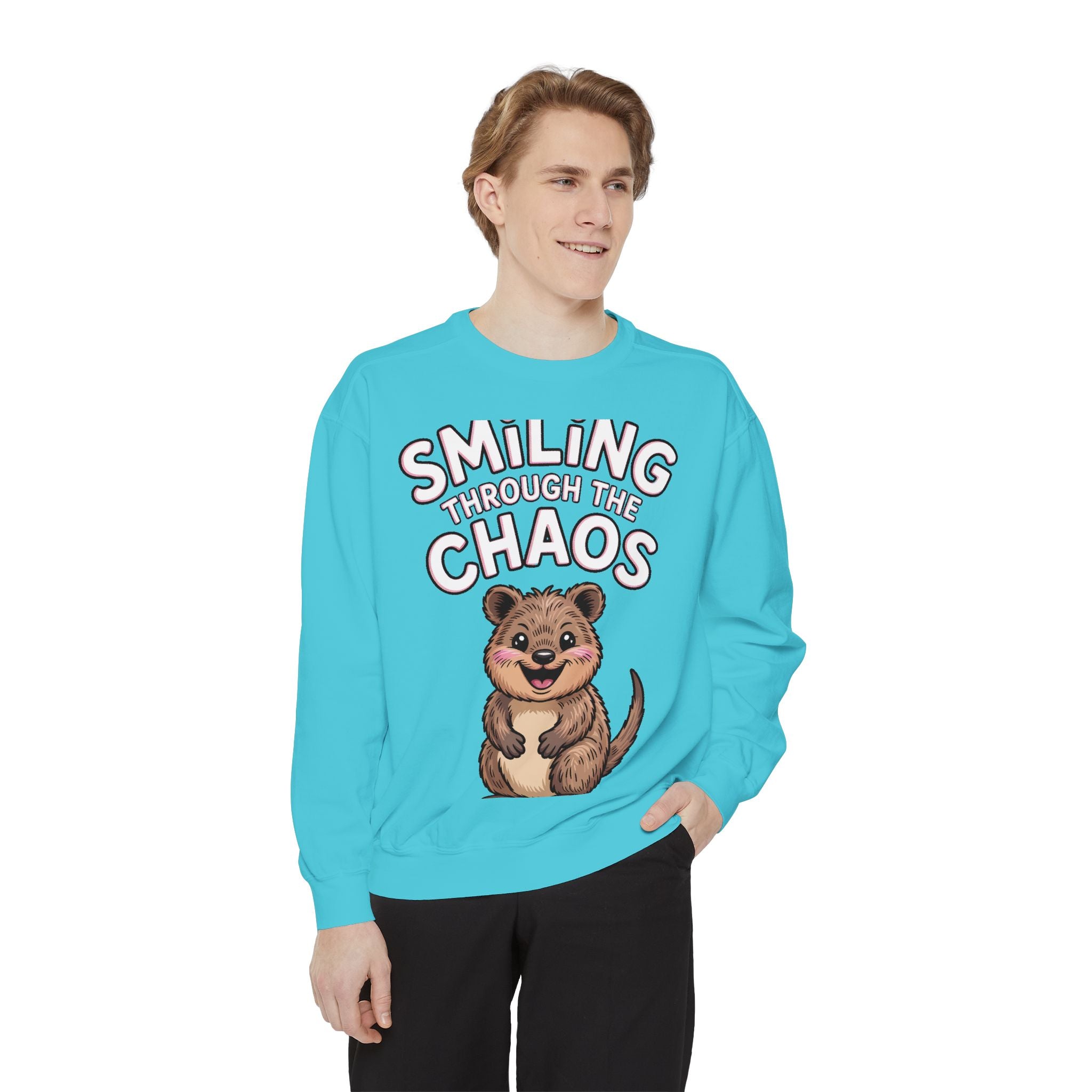 Smiling Through The Chaos Quokka Sweatshirt, Cute Embroidered-Look Crewneck, Funny Quokka Lover Gift, Positive Vibes Pullover