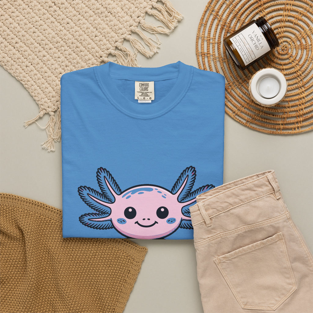 Cute Axolotl Shirt, Smiling Axolotl T-Shirt, Kawaii Axolotl Lover Gift, Garment Dyed Unisex Tee