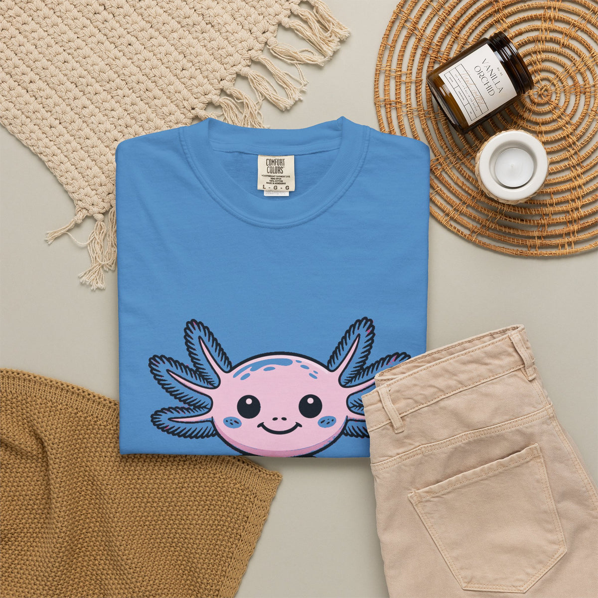 Cute Axolotl Shirt, Smiling Axolotl T-Shirt, Kawaii Axolotl Lover Gift, Garment Dyed Unisex Tee