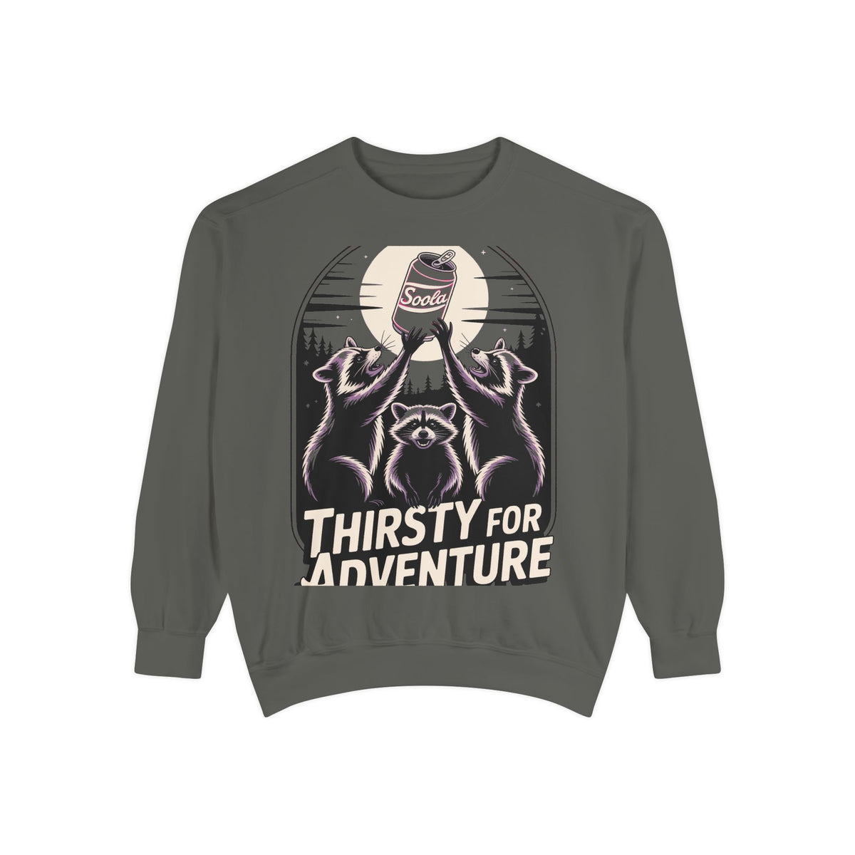 Thirsty For Adventure Raccoons Sweatshirt, Funny Vintage Poster Crewneck, Retro Raccoon Graphic Sweatshirt Gift