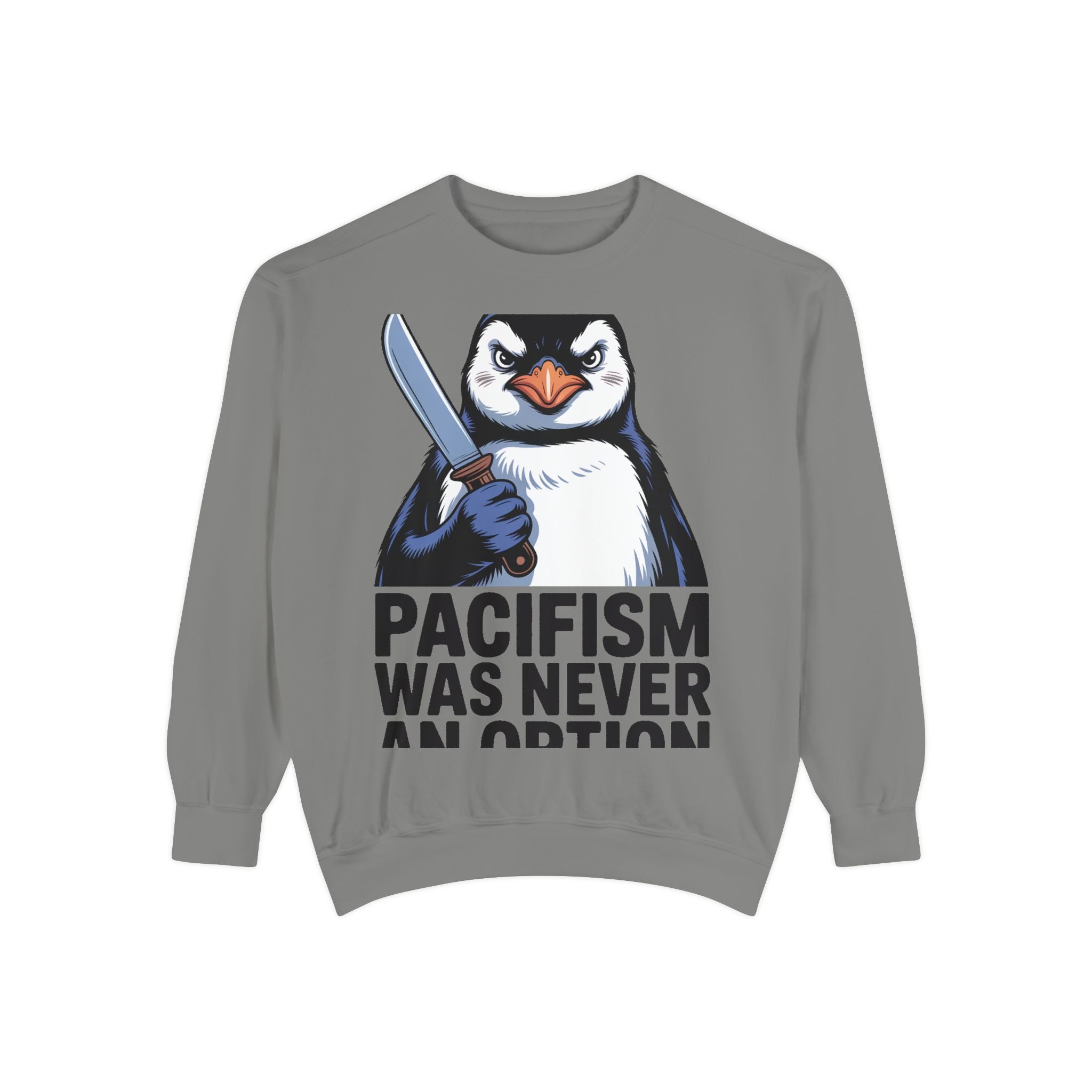 Pacifism Was Never An Option Penguin Sweatshirt, Funny Butter Knife Penguin Crewneck, Vintage Poster Style Graphic Sweatshirt Gift
