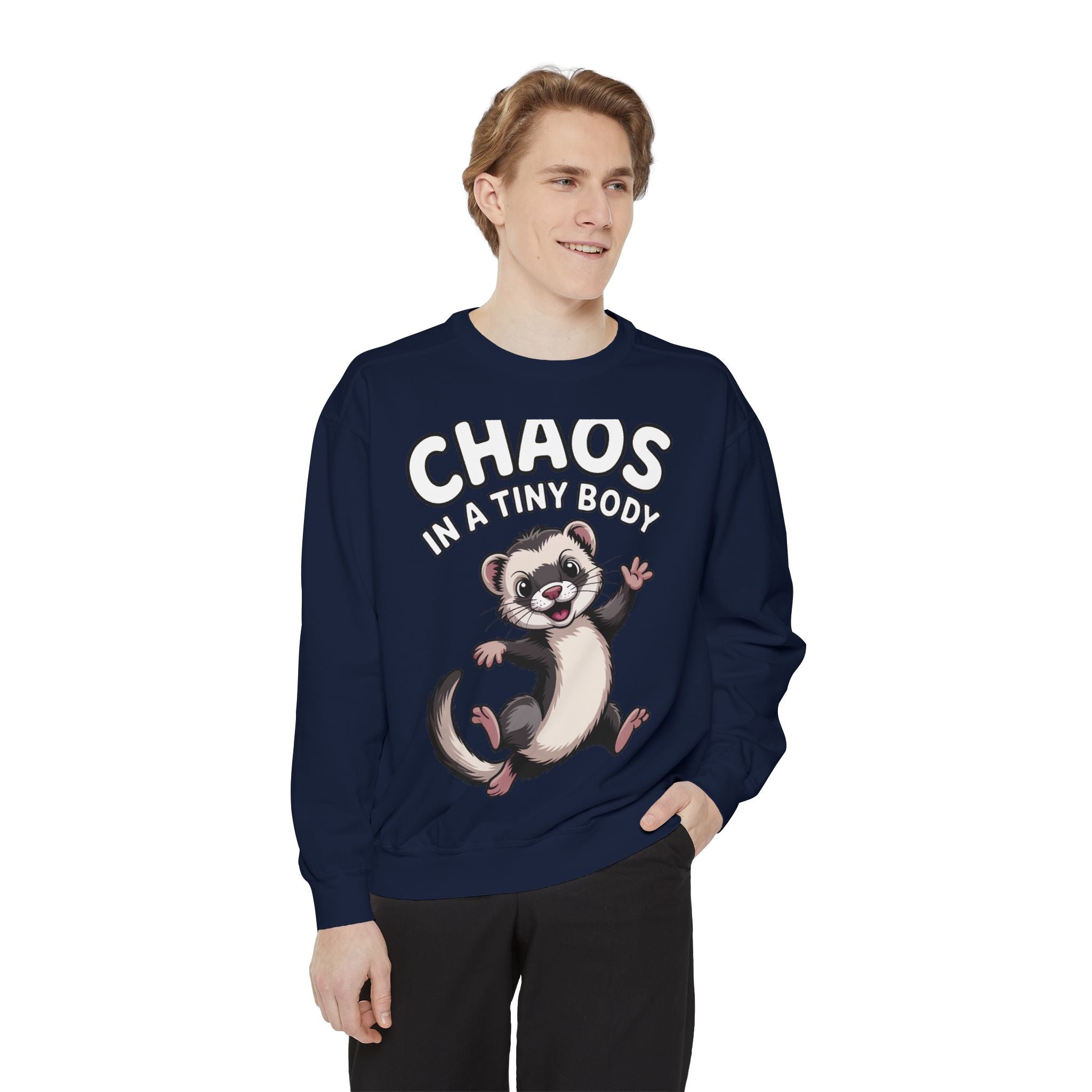 Funny Ferret Sweatshirt, Chaos In A Tiny Body Crewneck, Cute Ferret Lover Gift, Embroidered Style Ferret Sweatshirt For Pet Owners