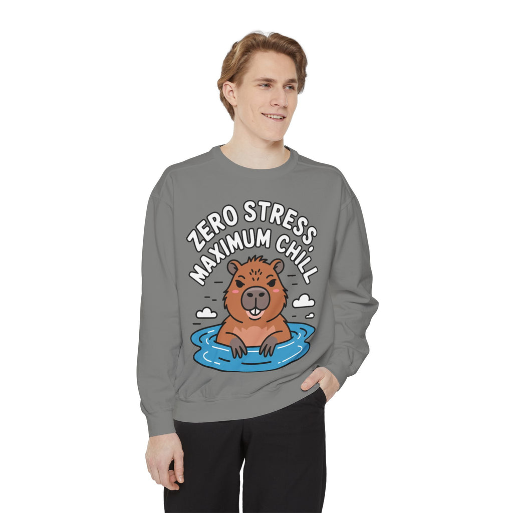 Zero Stress Capybara Sweatshirt, Funny Hot Spring Capybara Crewneck, Cute Chill Animal Gift, Garment Dyed Embroidered Sweatshirt