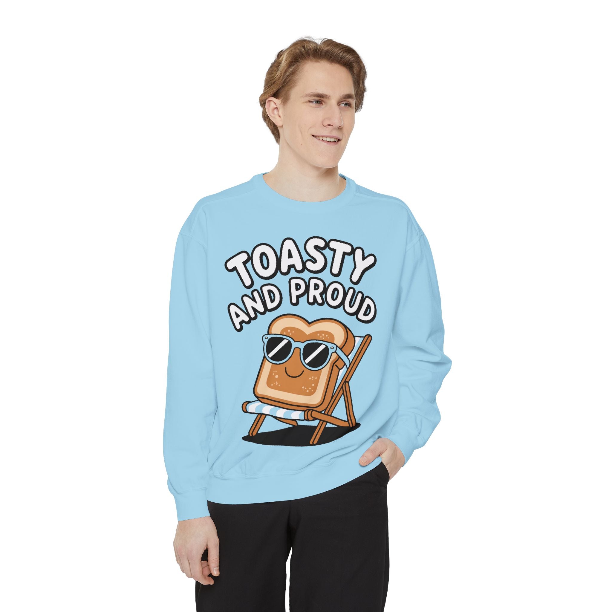 Toasty And Proud Sweatshirt, Funny Toast Bread Crewneck, Cute Beach Chair Toast Embroidered Sweatshirt, Funny Food Lover Gift