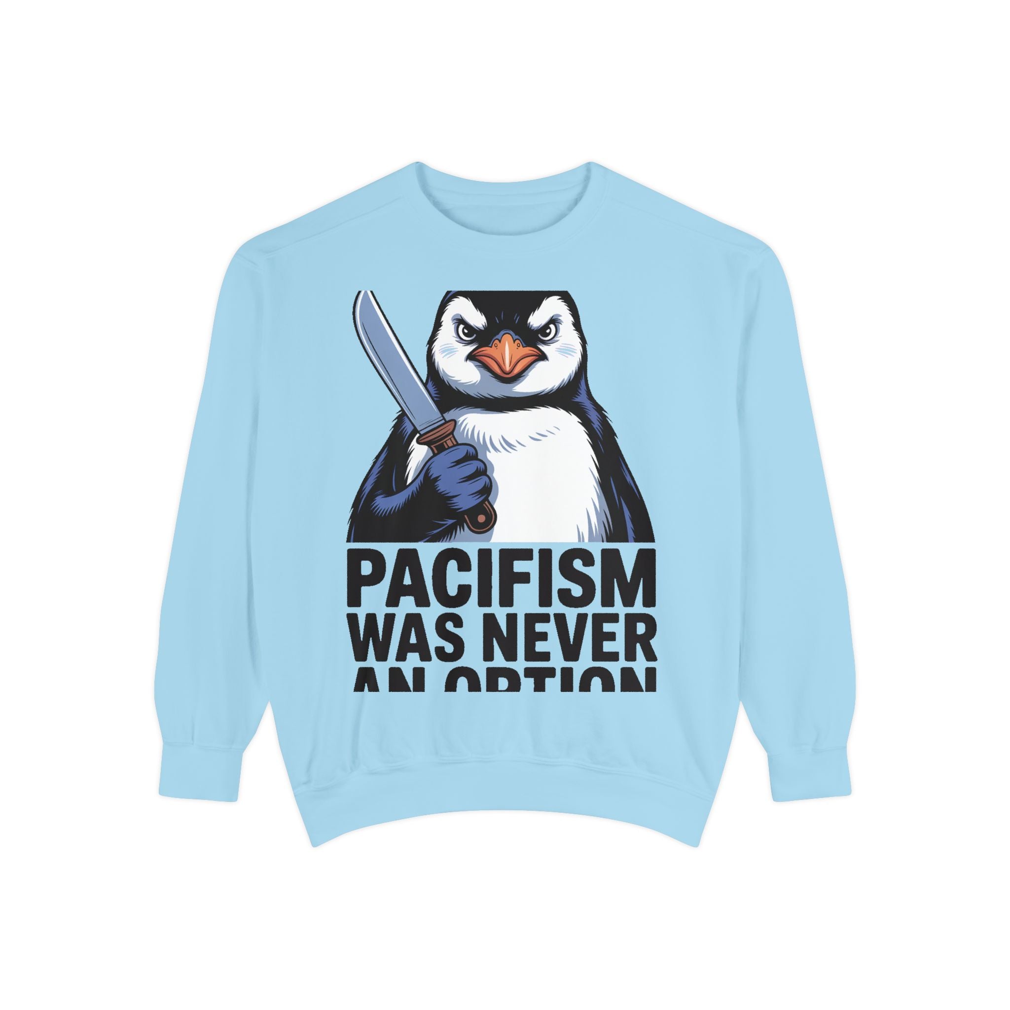 Pacifism Was Never An Option Penguin Sweatshirt, Funny Butter Knife Penguin Crewneck, Vintage Poster Style Graphic Sweatshirt Gift