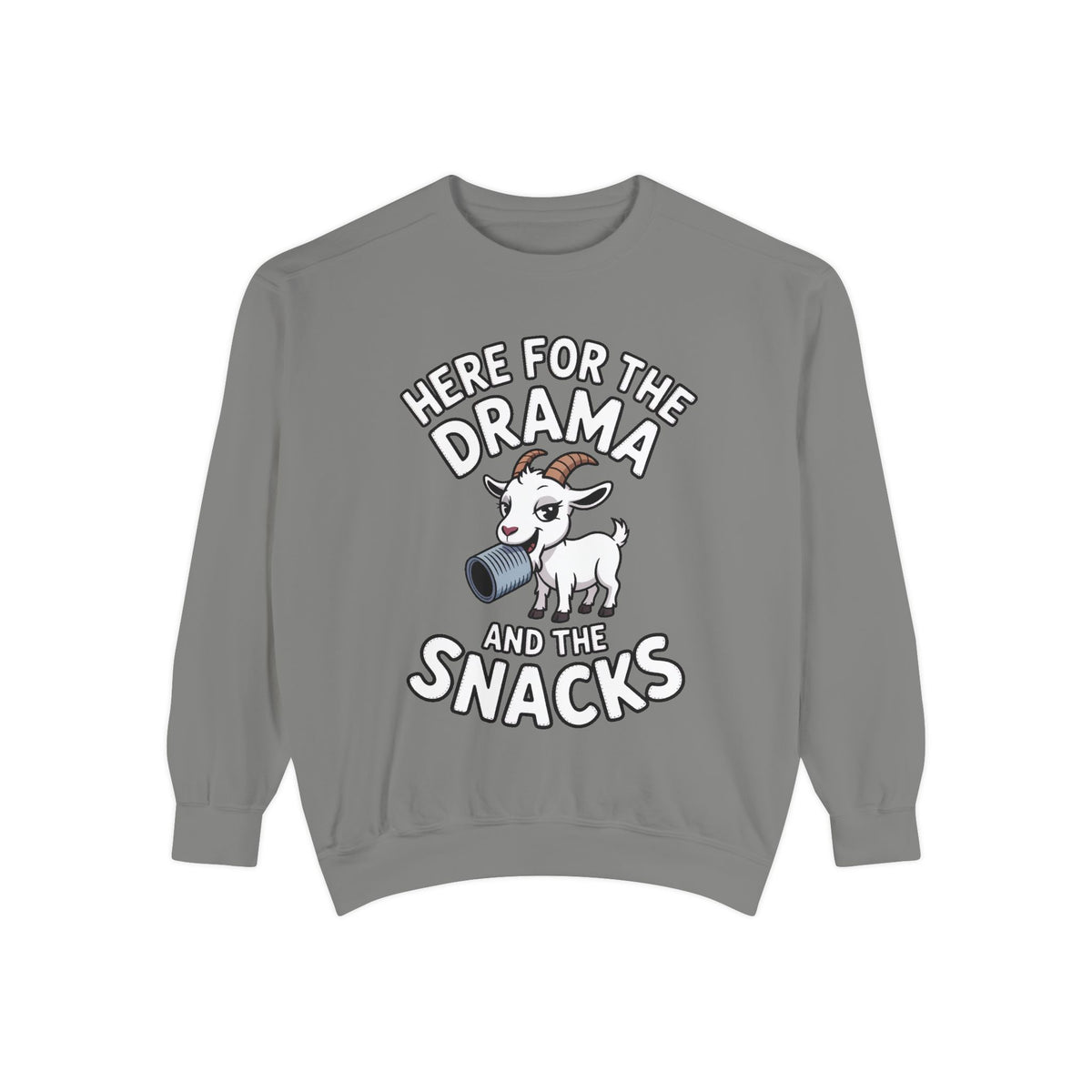 Funny Goat Sweatshirt, Here For The Drama And The Snacks Crewneck, Cute Goat Lover Gift, Embroidered Patch Style Sweatshirt
