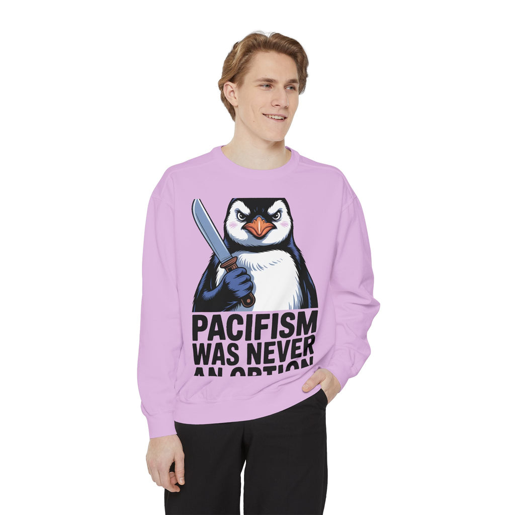 Pacifism Was Never An Option Penguin Sweatshirt, Funny Butter Knife Penguin Crewneck, Vintage Poster Style Graphic Sweatshirt Gift