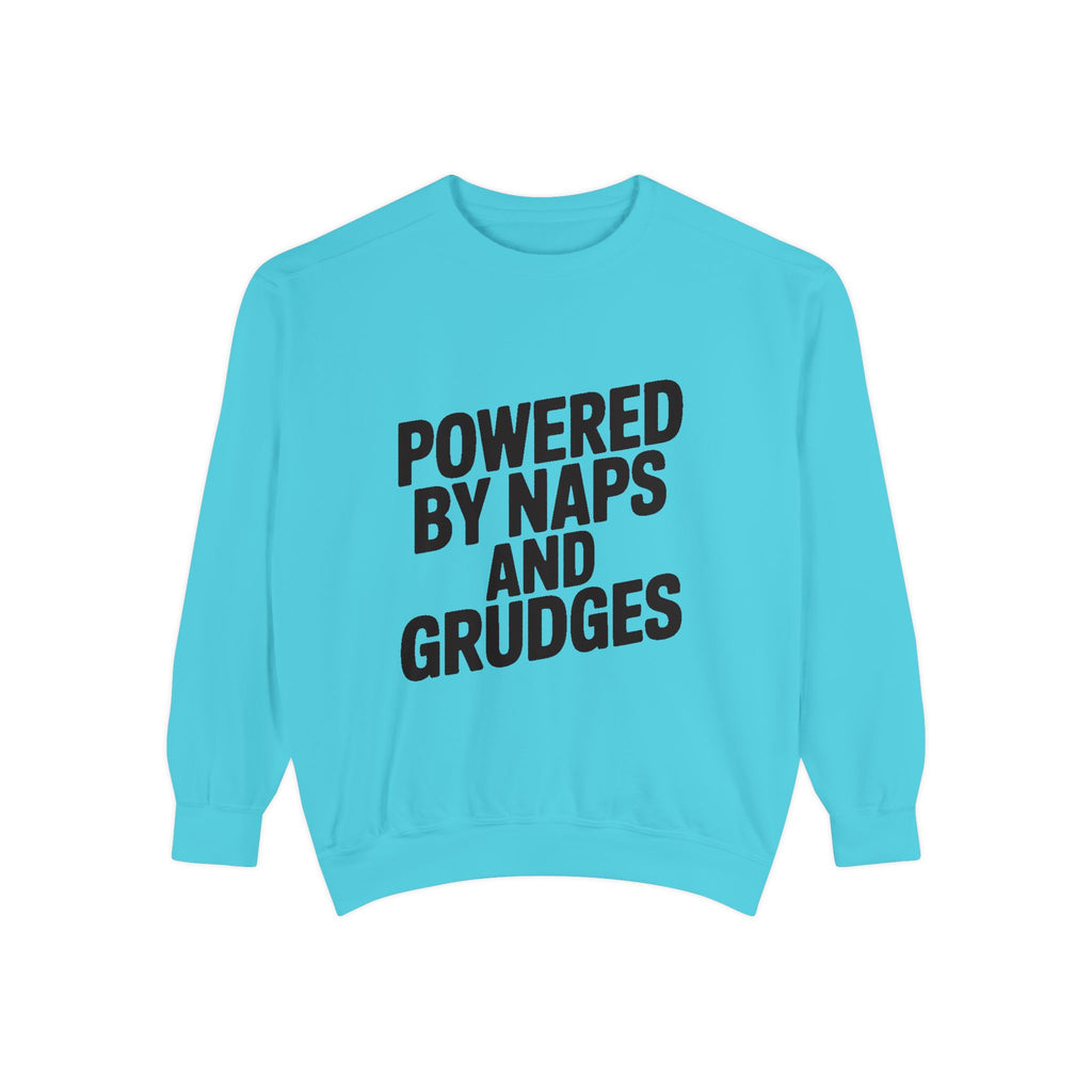 Powered By Naps And Grudges Sweatshirt, Funny Sarcastic Crewneck, Embroidered-Look Graphic Sweatshirt, Sarcasm Lover Gift