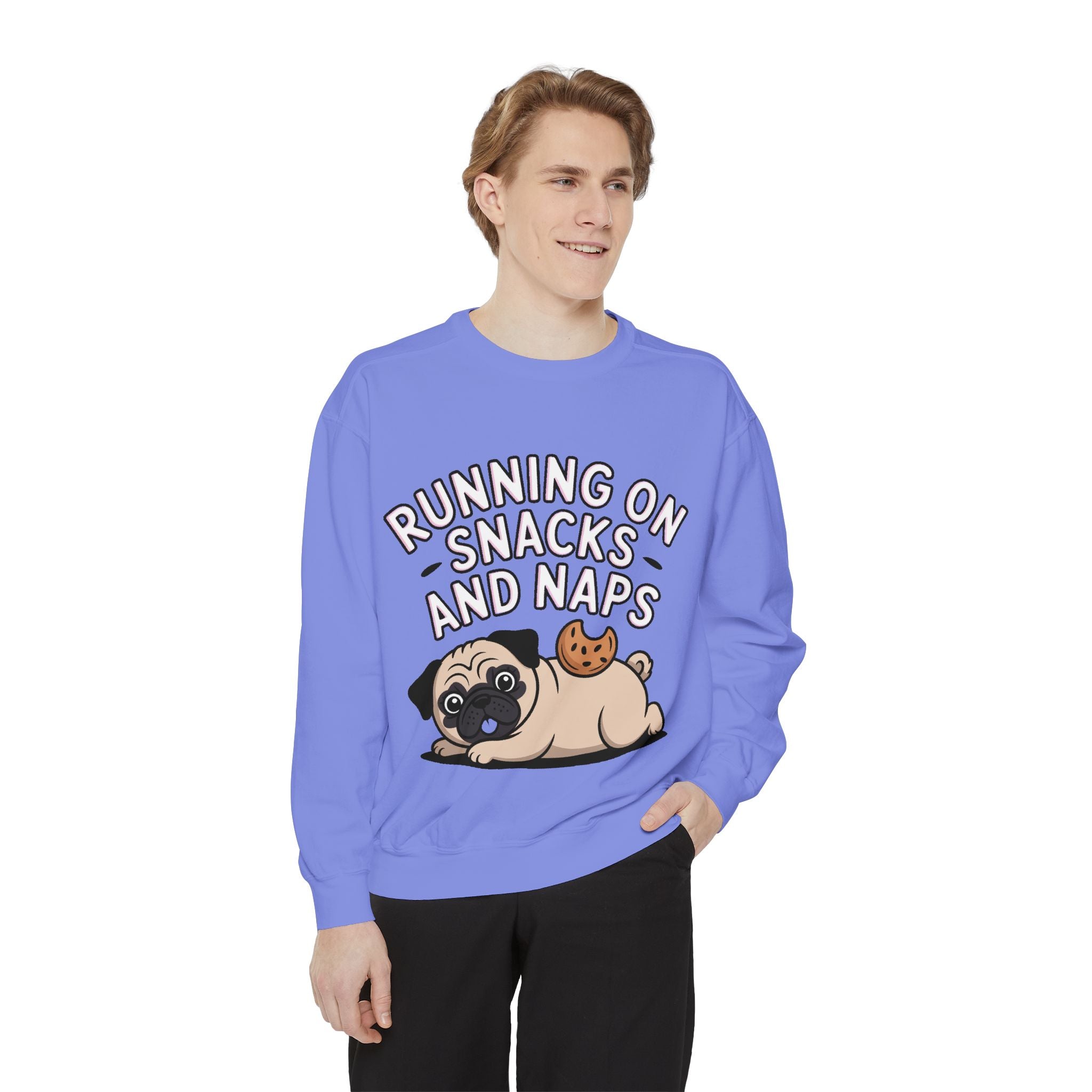 Pug Sweatshirt, Funny Running On Snacks And Naps Crewneck, Cute Pug Lover Gift, Embroidered Patch Style Dog Sweater