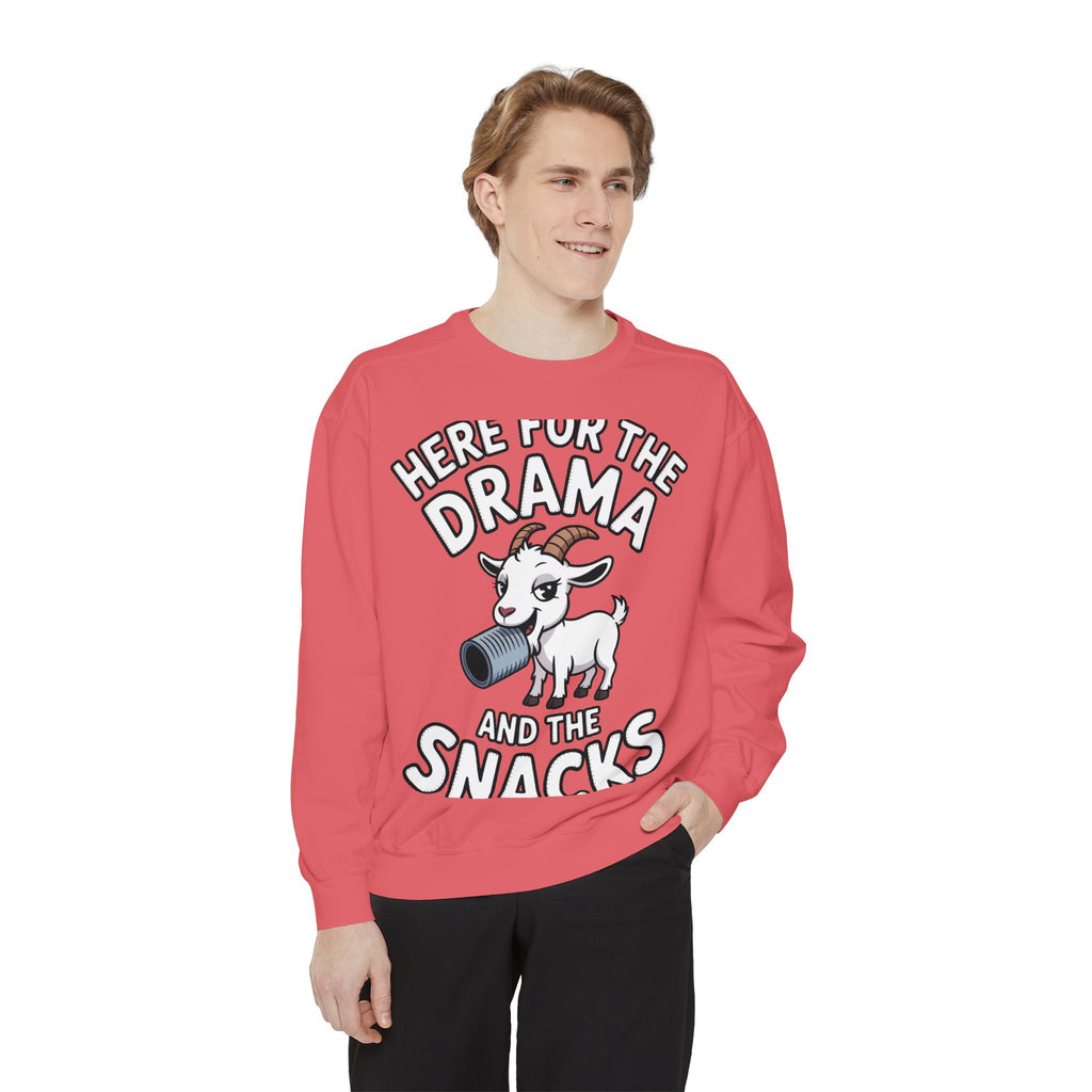 Funny Goat Sweatshirt, Here For The Drama And The Snacks Crewneck, Cute Goat Lover Gift, Embroidered Patch Style Sweatshirt