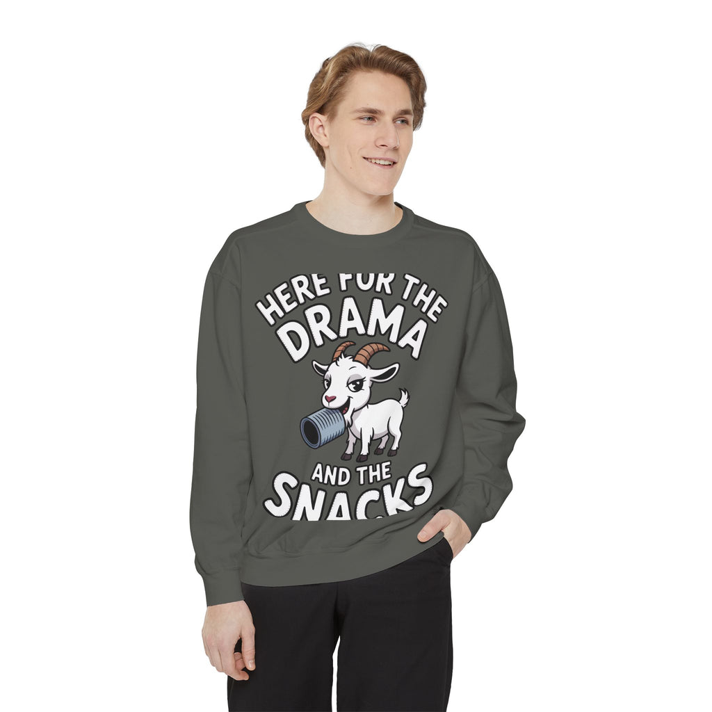 Funny Goat Sweatshirt, Here For The Drama And The Snacks Crewneck, Cute Goat Lover Gift, Embroidered Patch Style Sweatshirt