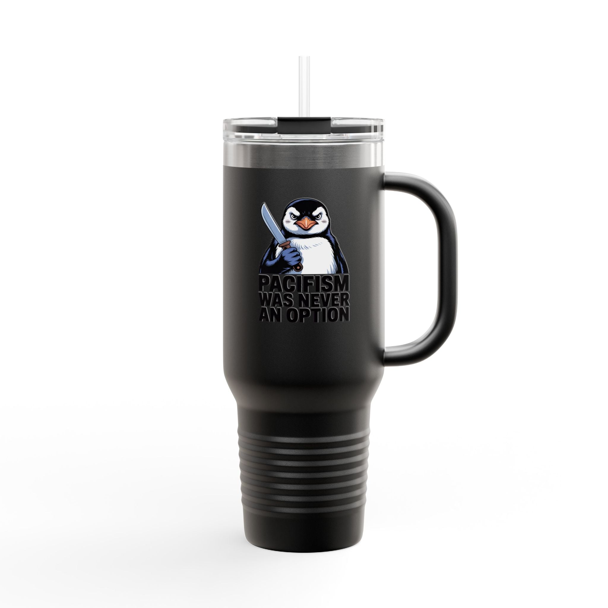 Funny Penguin Travel Mug 40oz, Pacifism Was Never An Option Tumbler, Sarcastic Bird Lover Gift, Vintage Poster Style Insulated Cup