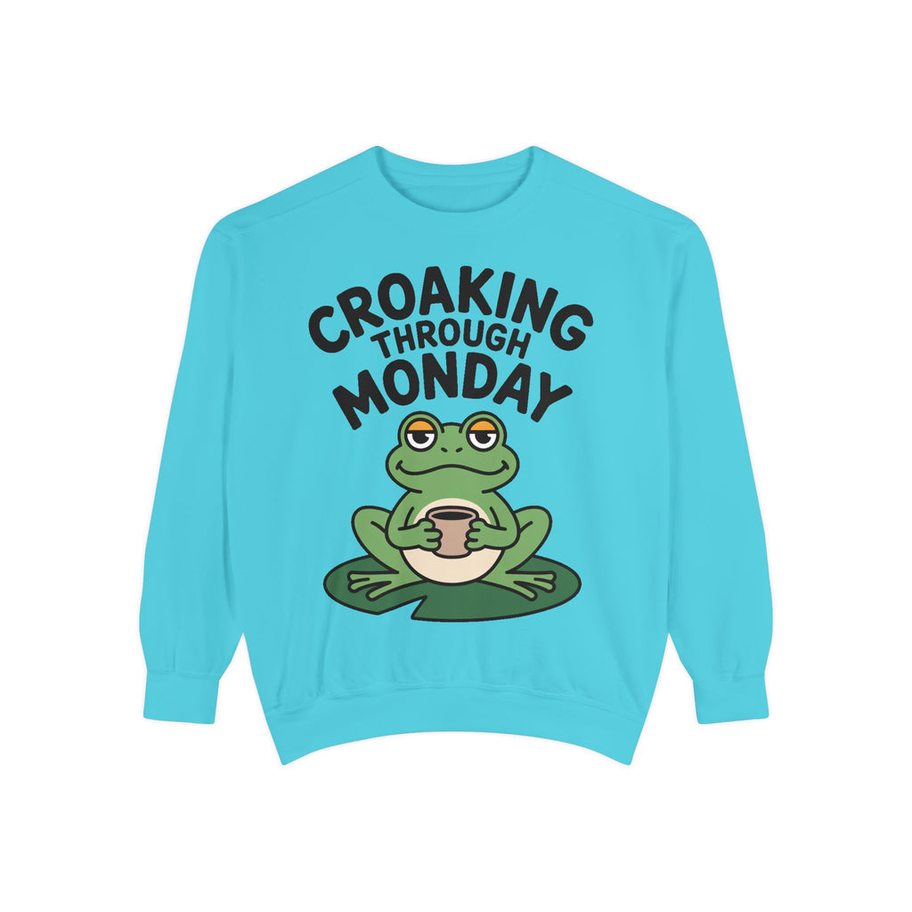 Croaking Through Monday Sweatshirt, Funny Tired Frog Crewneck, Cute Coffee Frog Sweatshirt, Frog Lover Gift