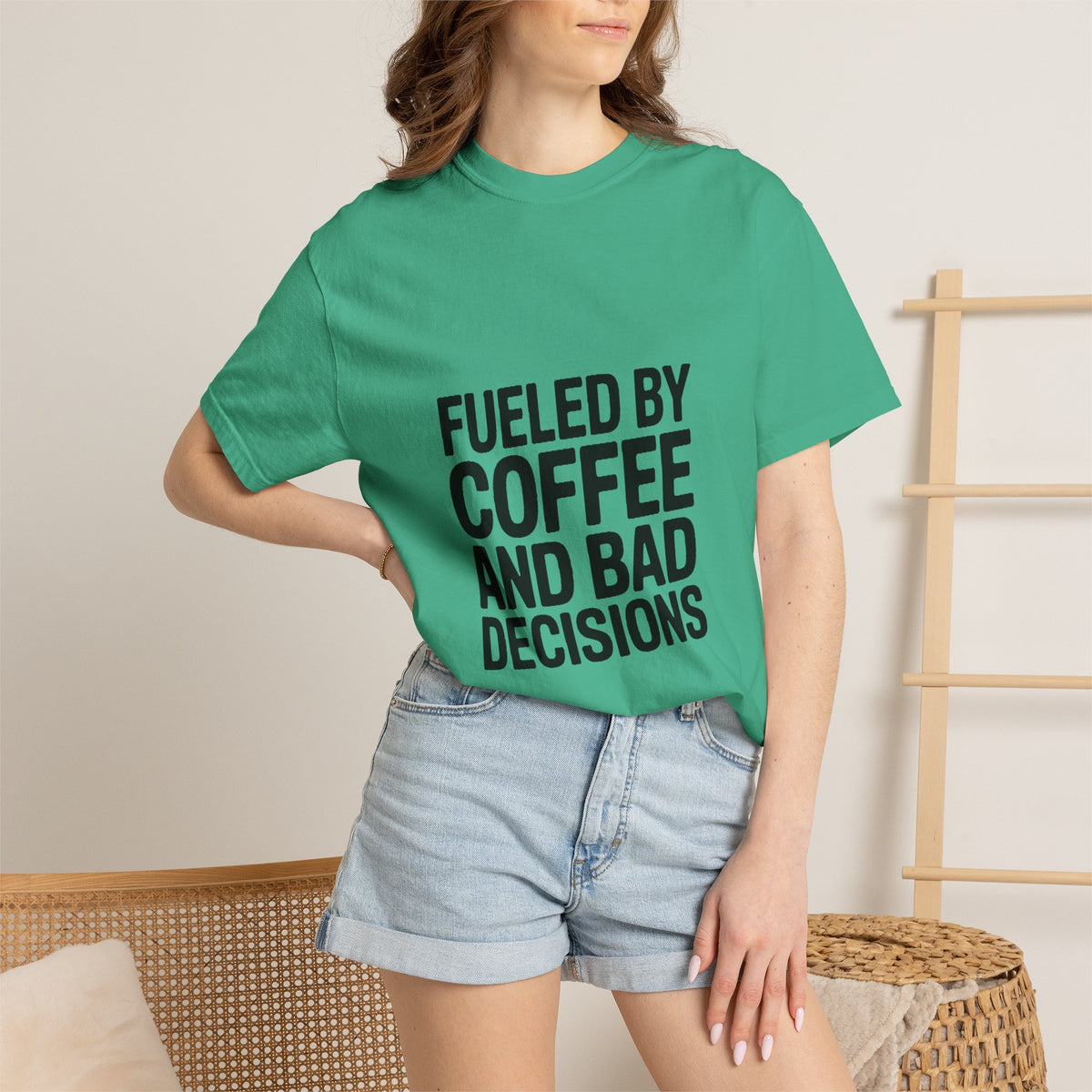 Fueled By Coffee And Bad Decisions Shirt, Funny Coffee Lover Tee, Sarcastic Quote T-Shirt, Bold Typography Graphic Tee