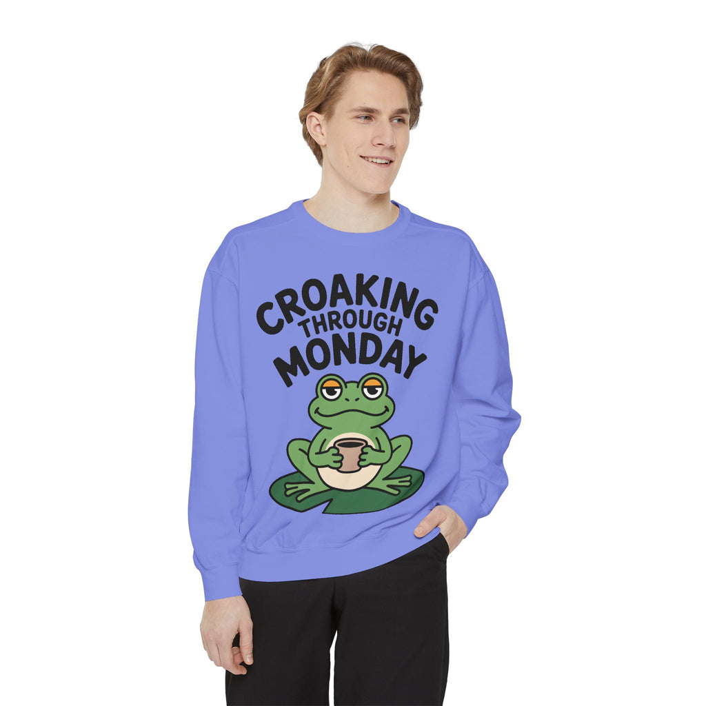 Croaking Through Monday Sweatshirt, Funny Tired Frog Crewneck, Cute Coffee Frog Sweatshirt, Frog Lover Gift