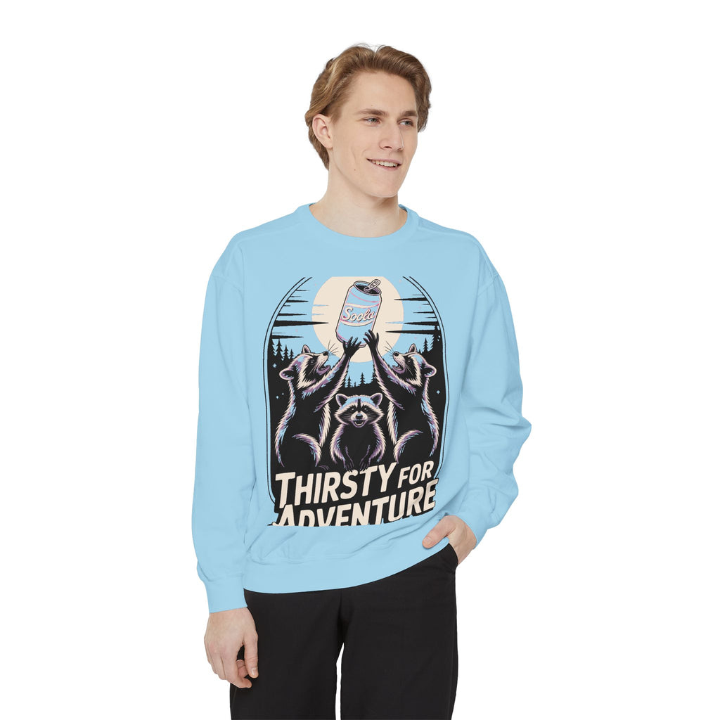 Thirsty For Adventure Raccoons Sweatshirt, Funny Vintage Poster Crewneck, Retro Raccoon Graphic Sweatshirt Gift