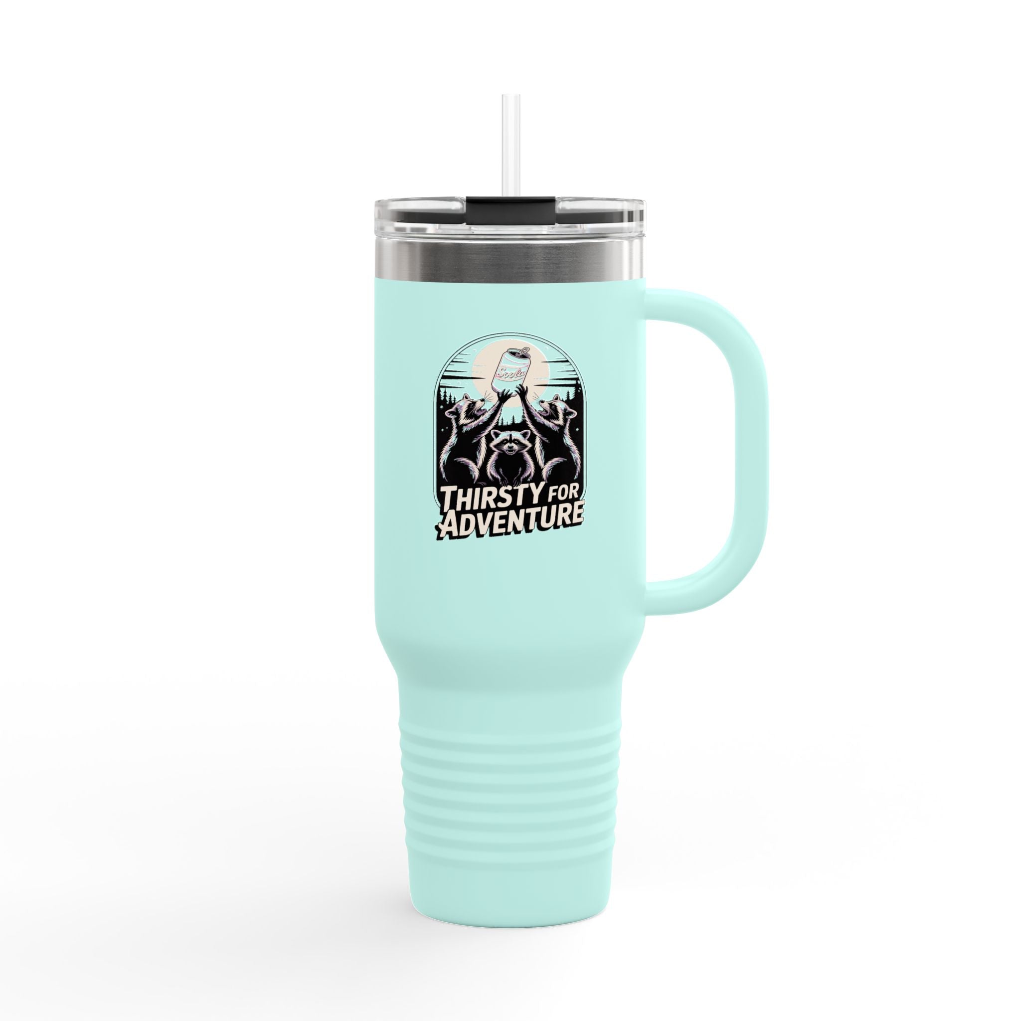 Thirsty For Adventure Raccoons Tumbler, Funny Raccoon 40oz Travel Mug, Vintage Poster Style Insulated Cup, Camping Gift Idea