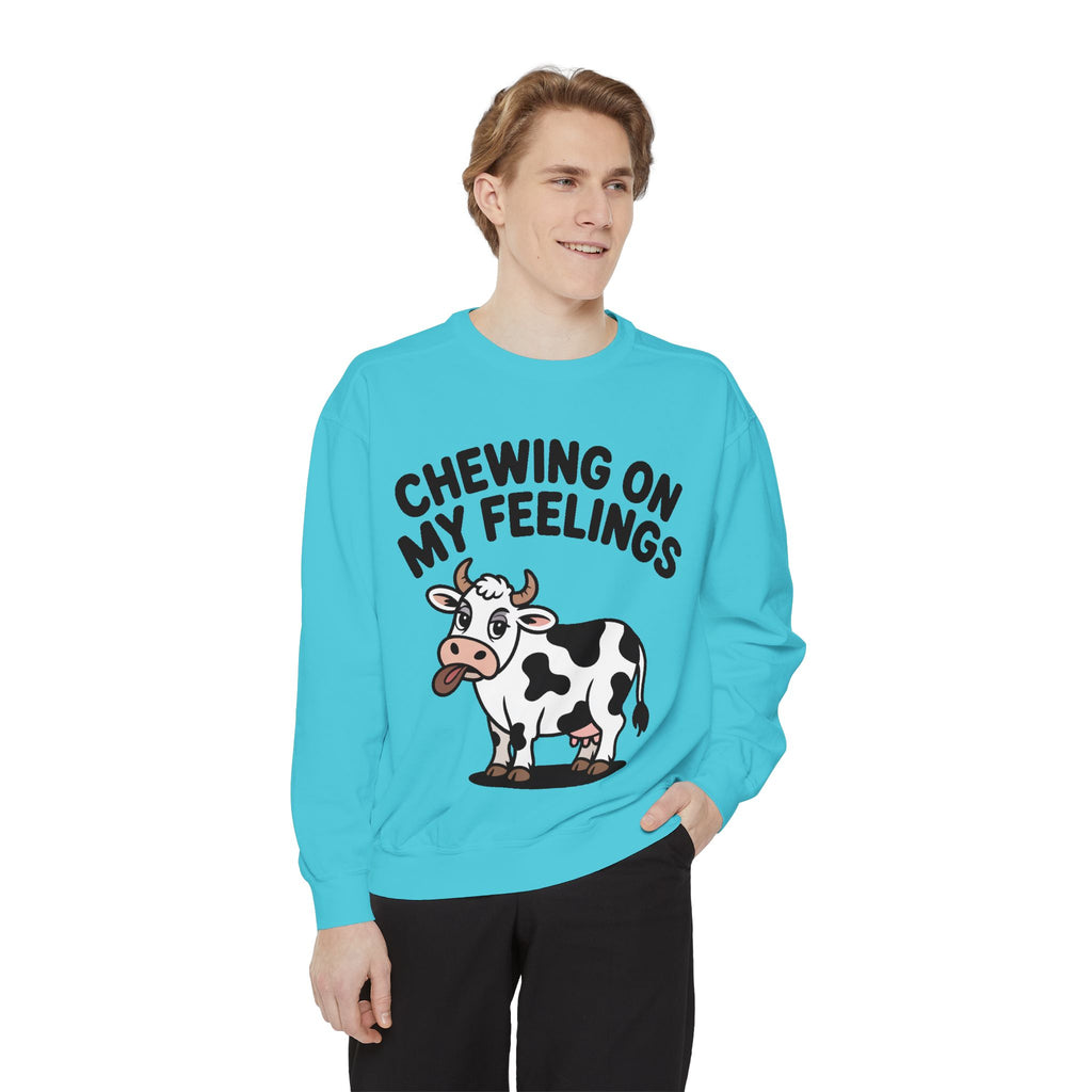 Chewing On My Feelings Sweatshirt, Funny Cow Crewneck, Cute Cow Lover Gift, Embroidered Style Cow Sweatshirt, Funny Farm Animal Shirt