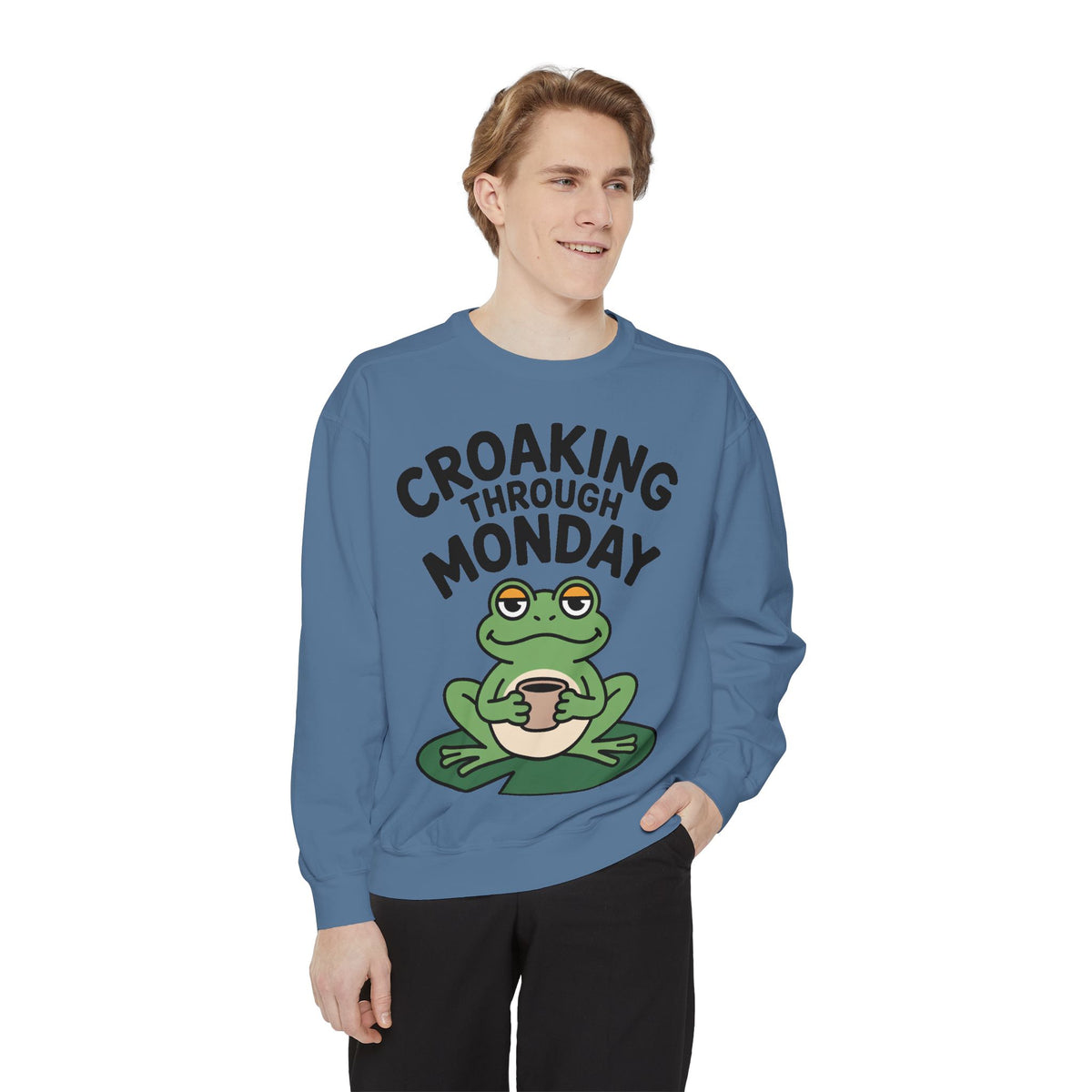 Croaking Through Monday Sweatshirt, Funny Tired Frog Crewneck, Cute Coffee Frog Sweatshirt, Frog Lover Gift