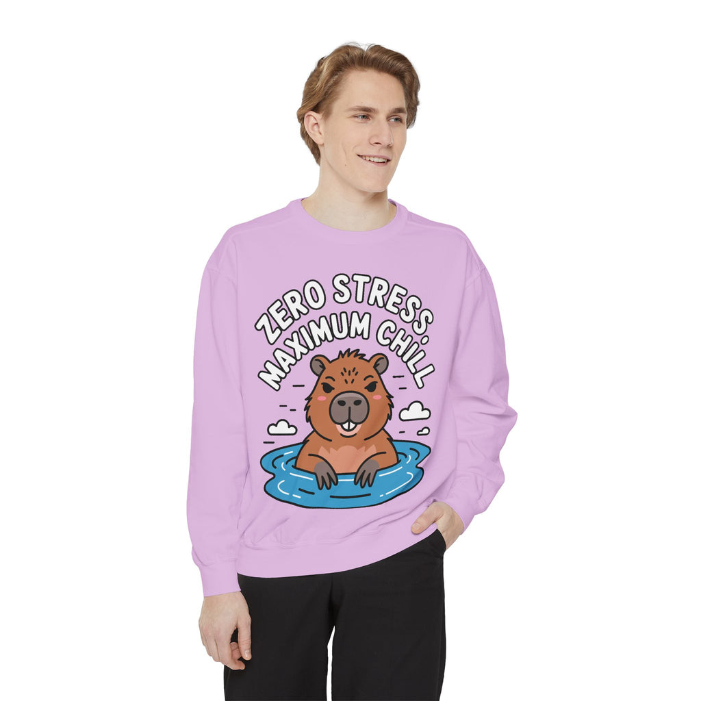 Zero Stress Capybara Sweatshirt, Funny Hot Spring Capybara Crewneck, Cute Chill Animal Gift, Garment Dyed Embroidered Sweatshirt