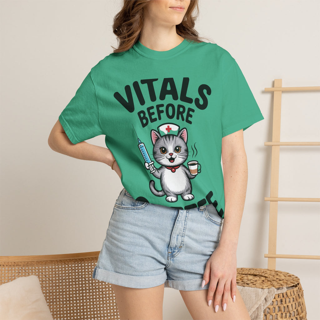 Vitals Before Coffee Nurse Shirt, Funny Nurse Cat T-Shirt, Cute Nurse Gift, Nursing Student Shirt, RN Coffee Lover Tee